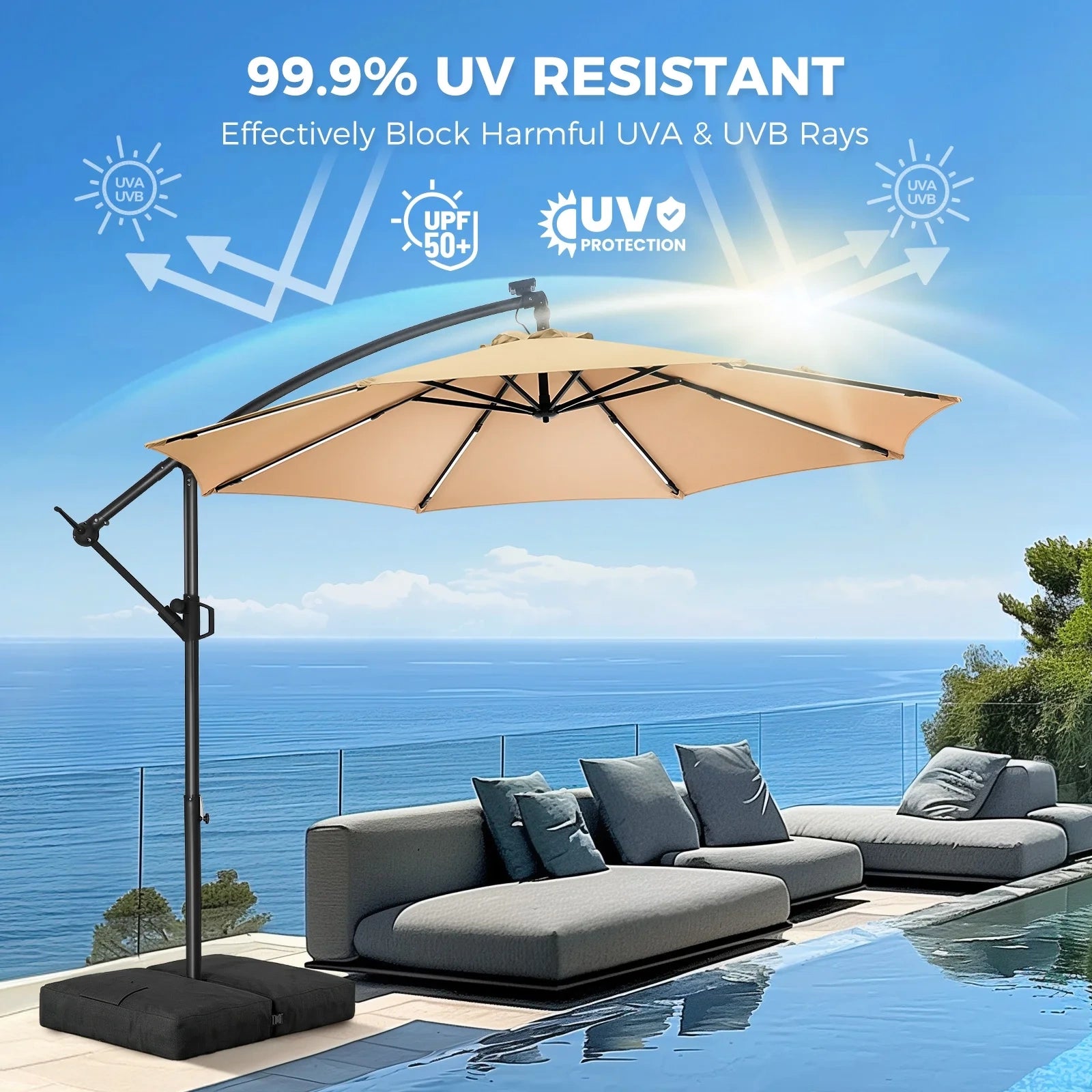 10 Feet Offset Hanging Patio Umbrella with Base and Solar Light Strips