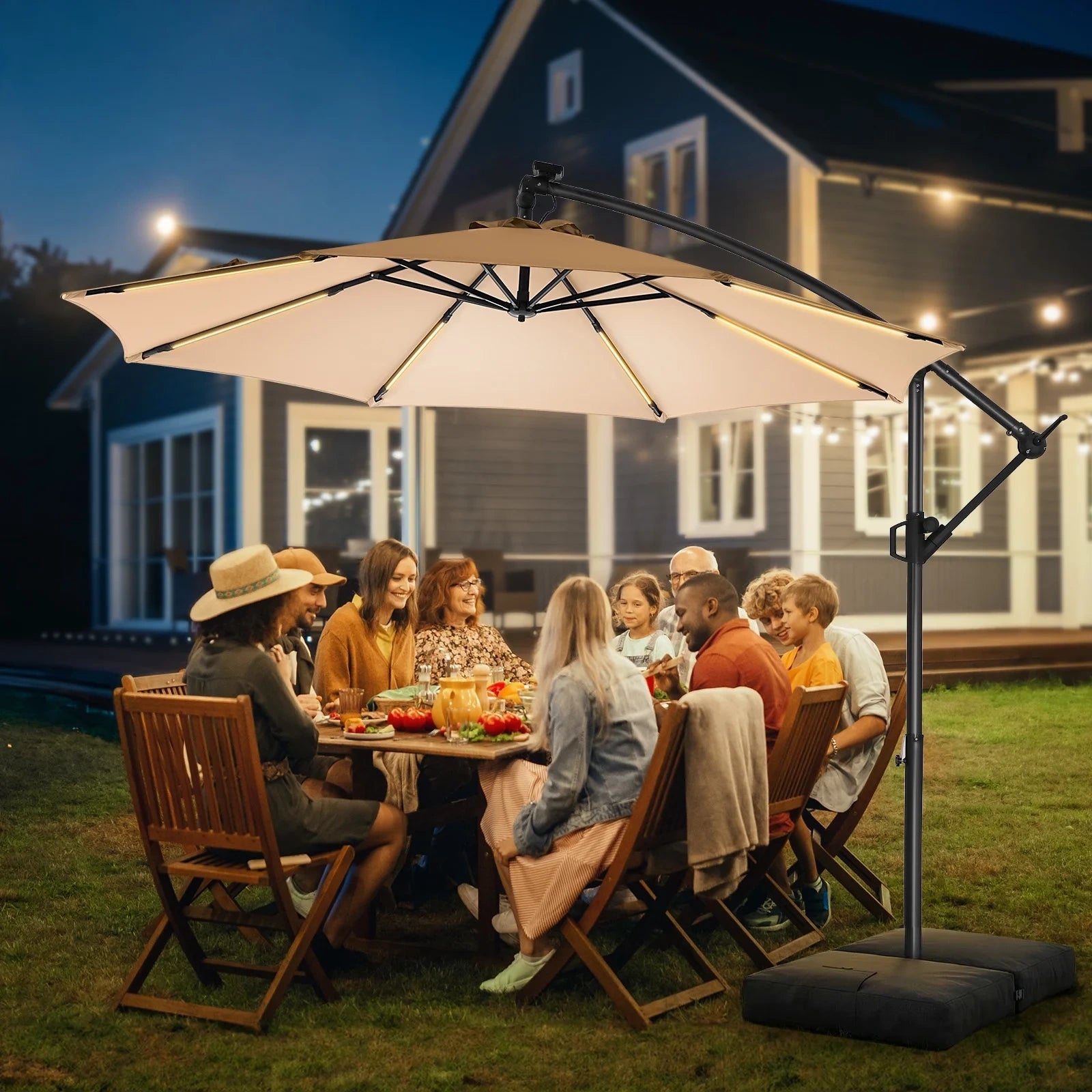 H21W 10 Feet Offset Hanging Patio Umbrella with Base and Solar Light Strips