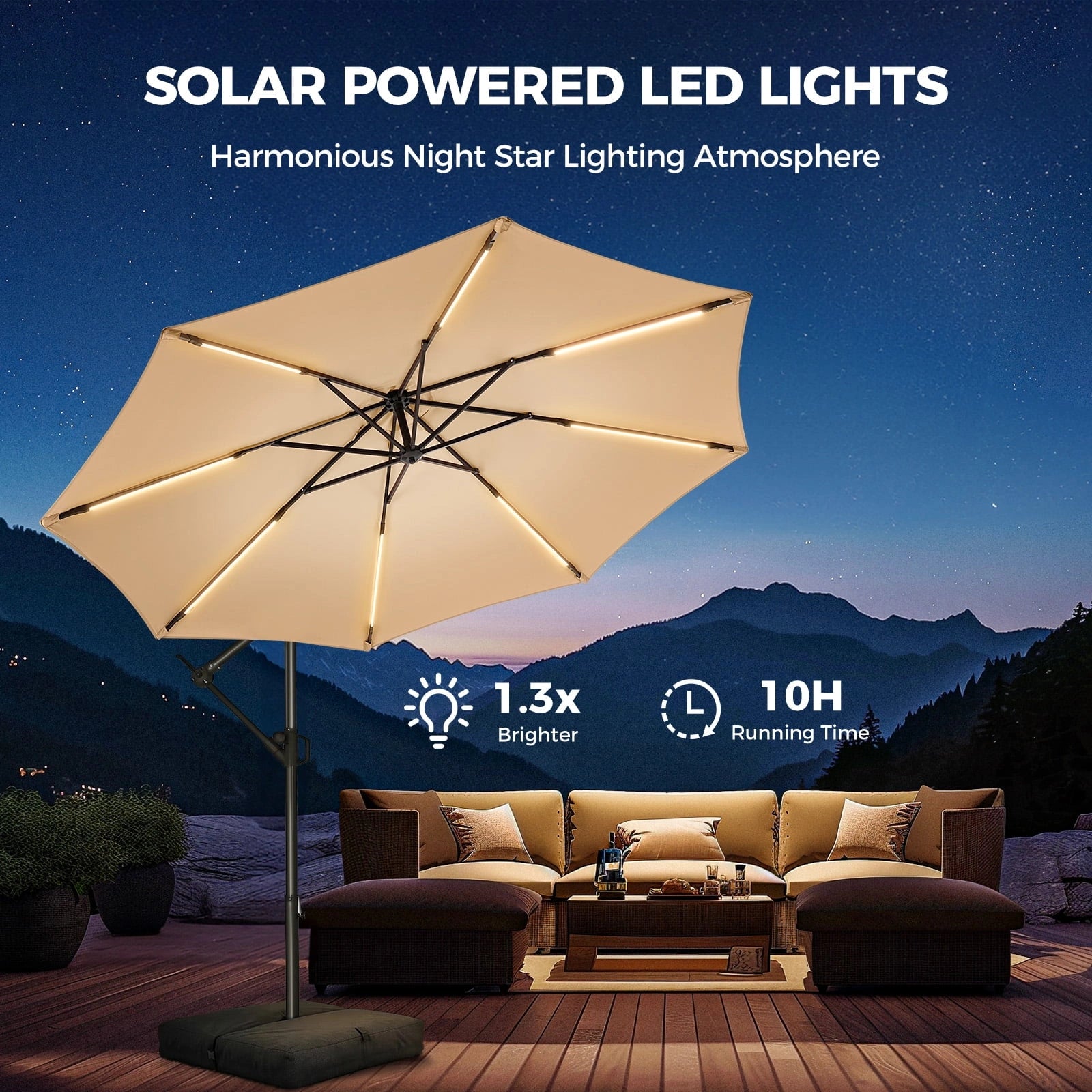 H21W 10 Feet Offset Hanging Patio Umbrella with Base and Solar Light Strips