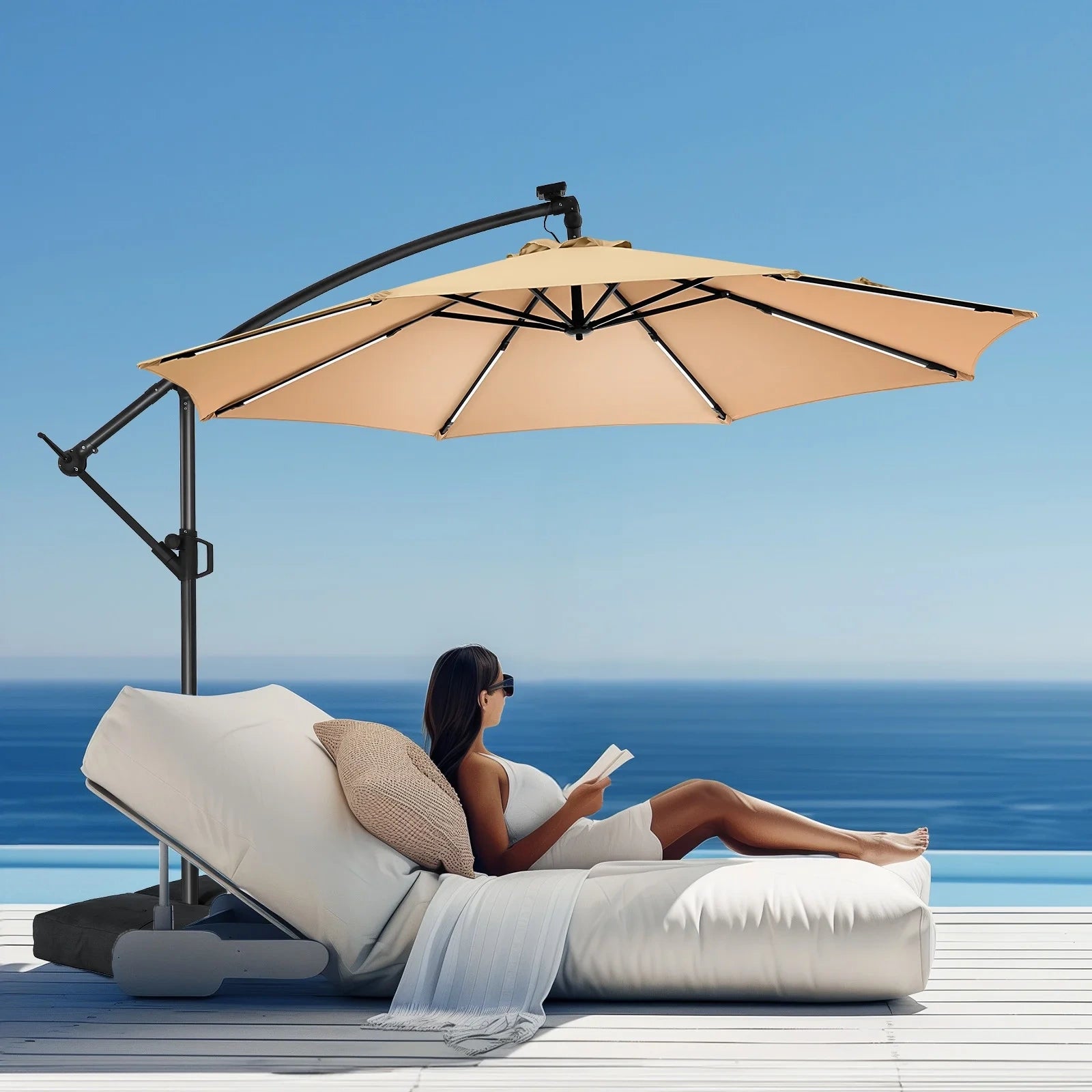 H21W 10 Feet Offset Hanging Patio Umbrella with Base and Solar Light Strips