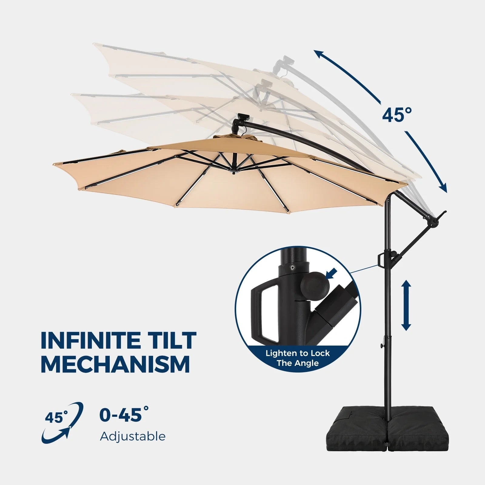 H21W 10 Feet Offset Hanging Patio Umbrella with Base and Solar Light Strips