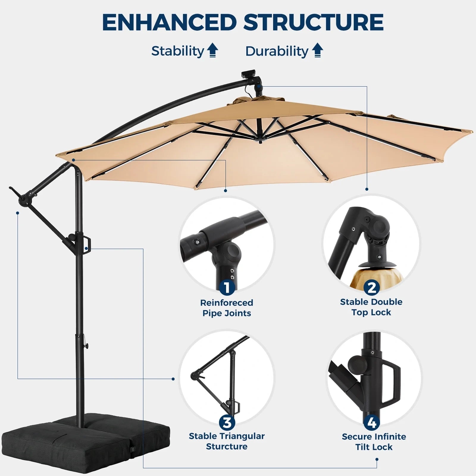 H21W 10 Feet Offset Hanging Patio Umbrella with Base and Solar Light Strips