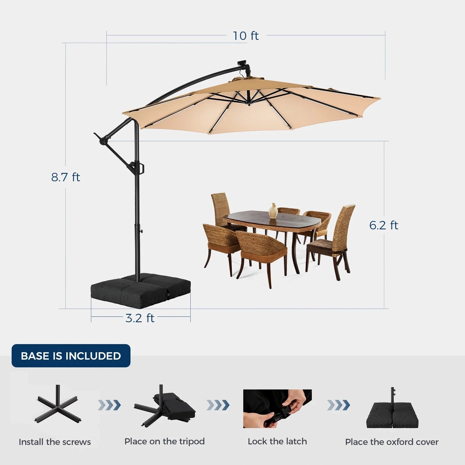 H21W 10 Feet Offset Hanging Patio Umbrella with Base and Solar Light Strips