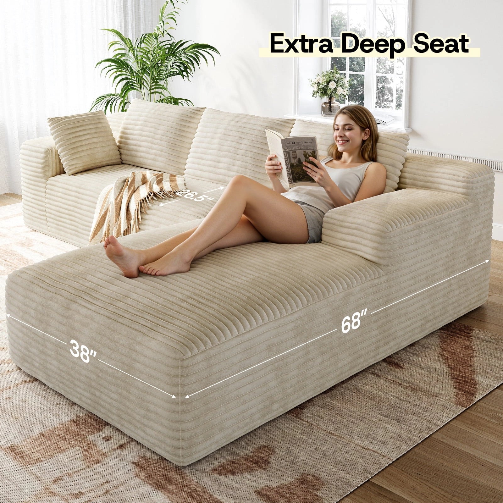 LH01 106 Inch Corduroy Cloud Oversized Sofa (L-Shaped)