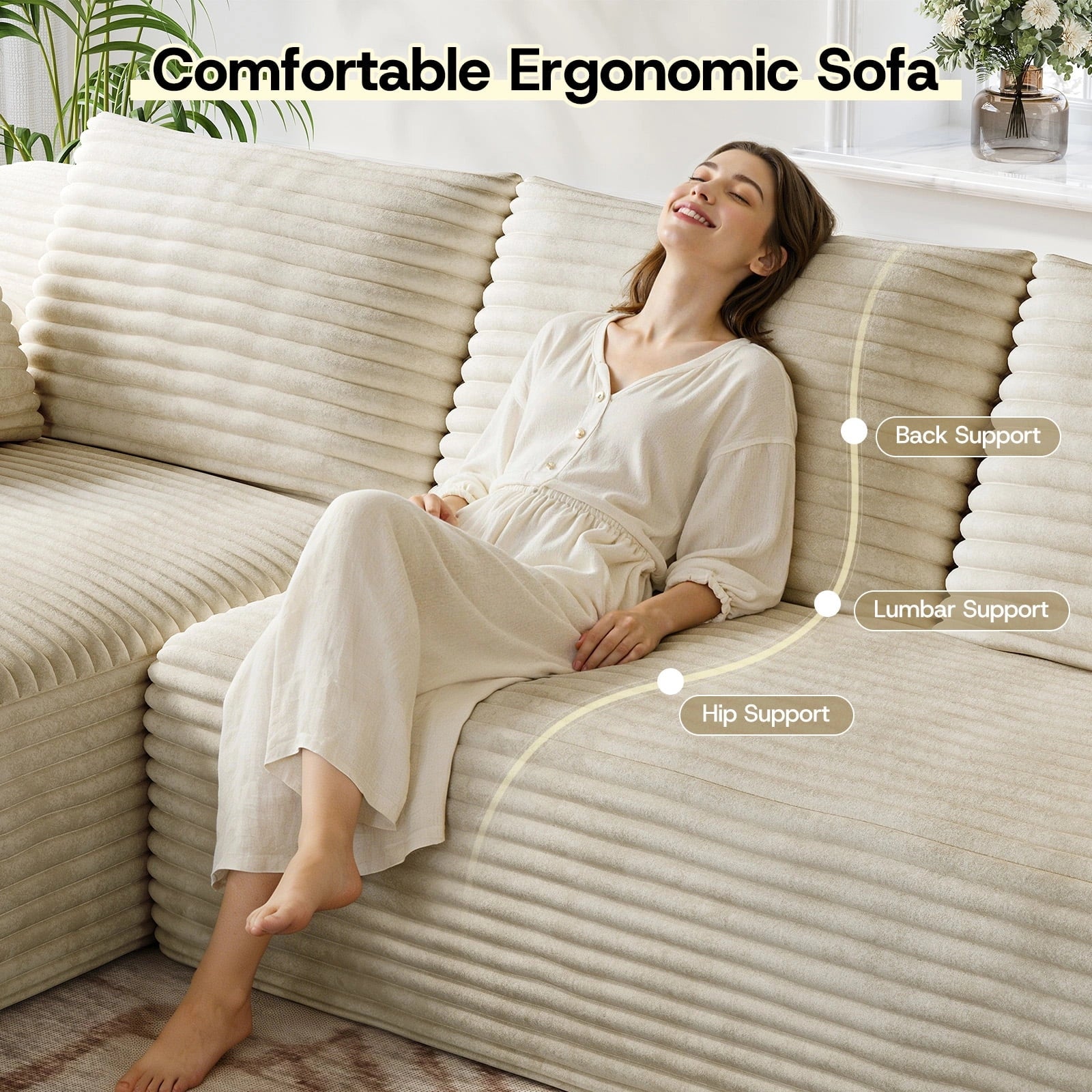 LH01 106 Inch Corduroy Cloud Oversized Sofa (L-Shaped)