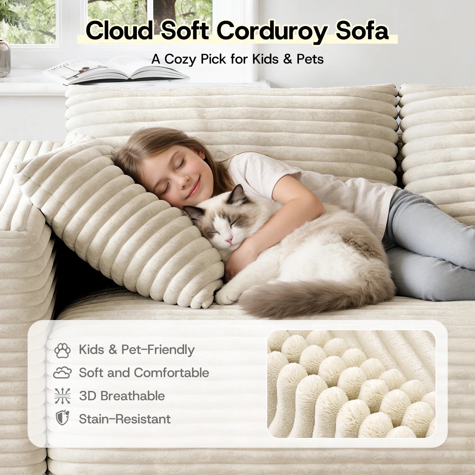LH01 106 Inch Corduroy Cloud Oversized Sofa (L-Shaped)