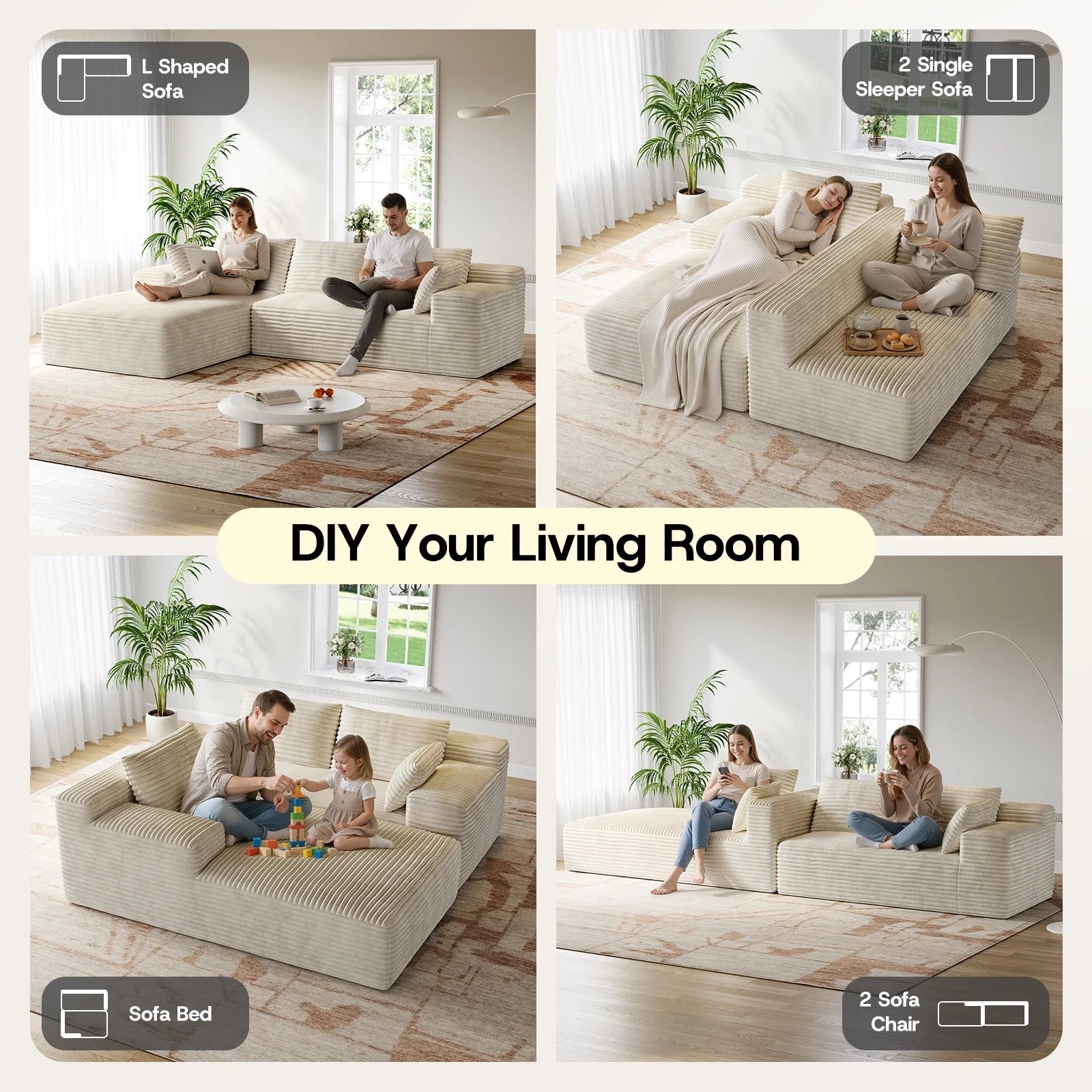LH01 106 Inch Corduroy Cloud Oversized Sofa (L-Shaped)