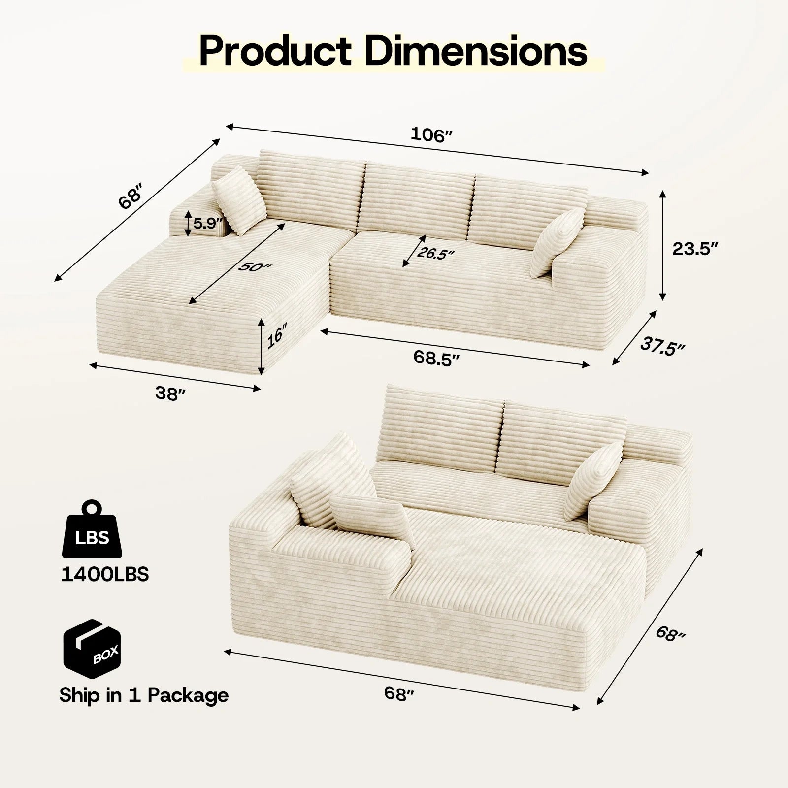 LH01 106 Inch Corduroy Cloud Oversized Sofa (L-Shaped)