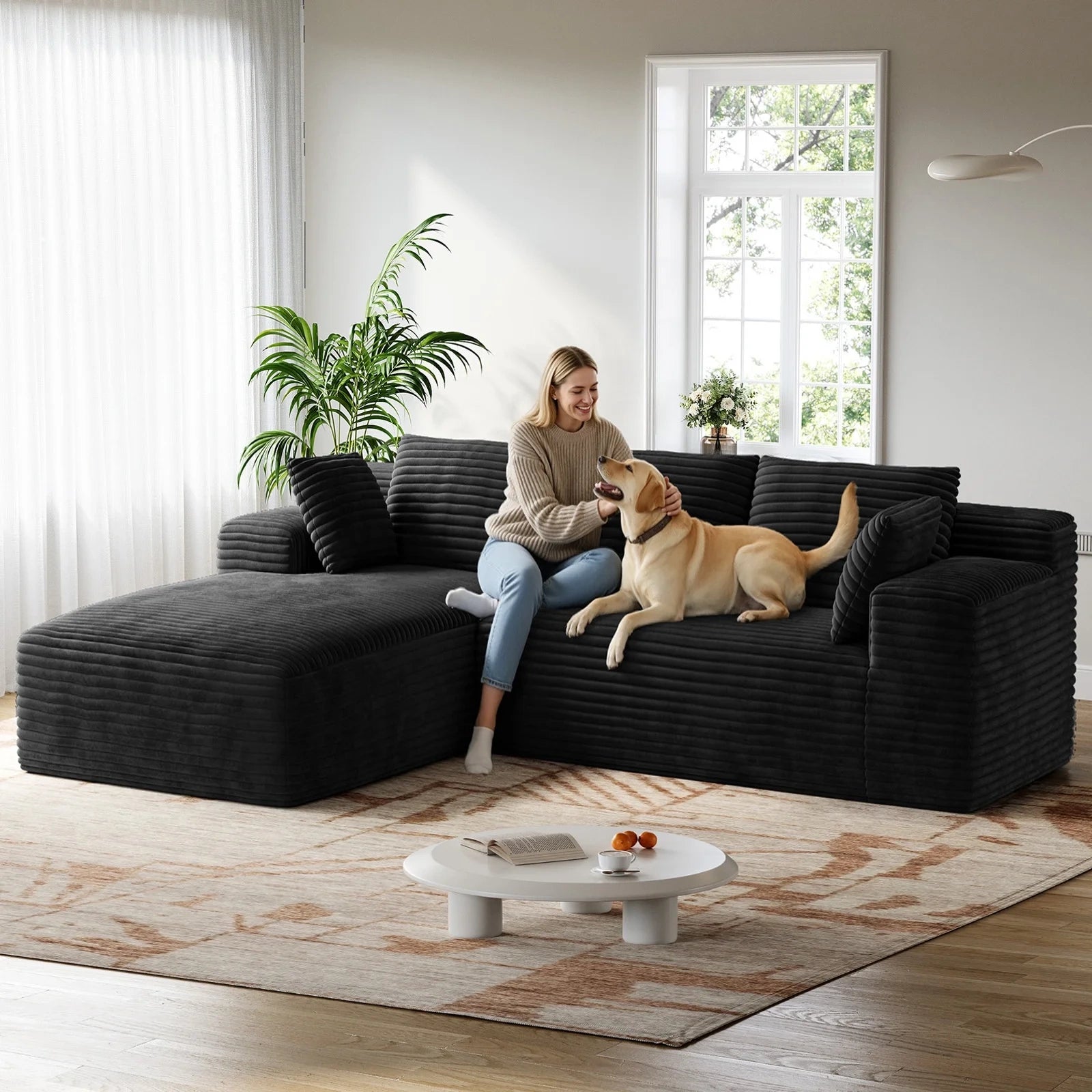 LH01 106 Inch Corduroy Cloud Oversized Sofa (L-Shaped)