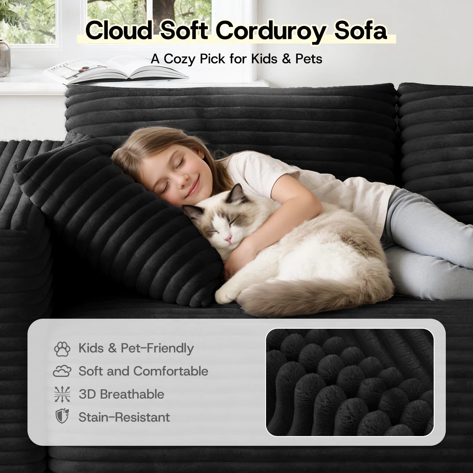 LH01 106 Inch Corduroy Cloud Oversized Sofa (L-Shaped)