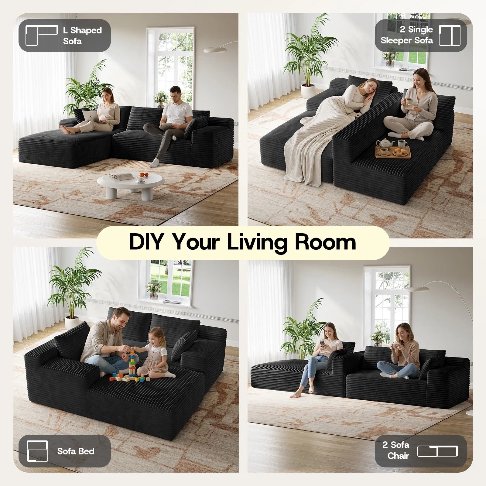 LH01 106 Inch Corduroy Cloud Oversized Sofa (L-Shaped)