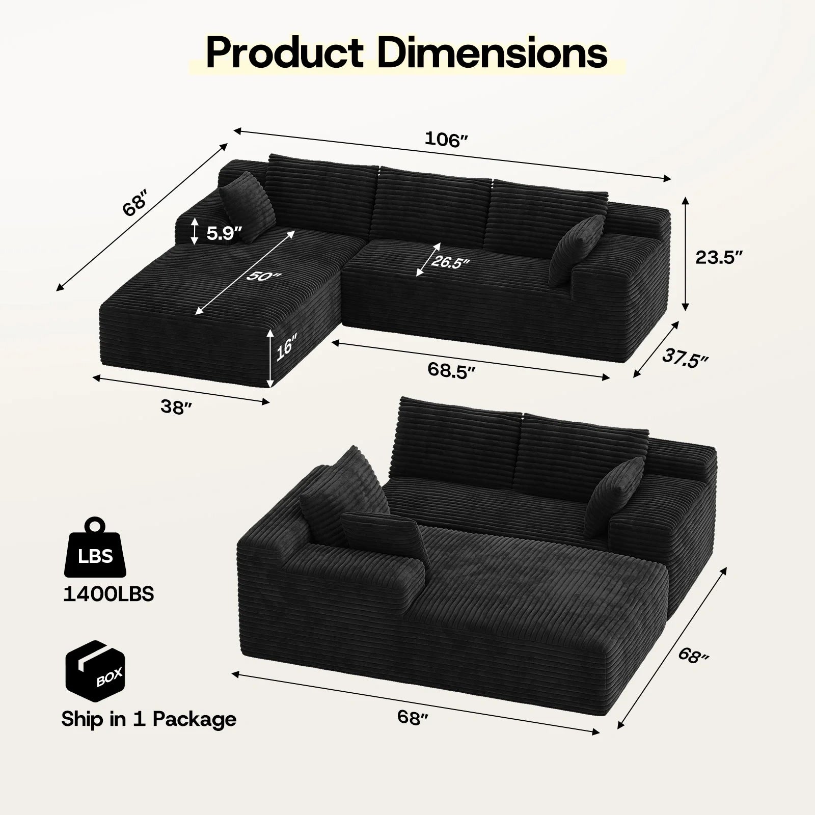 LH01 106 Inch Corduroy Cloud Oversized Sofa (L-Shaped)