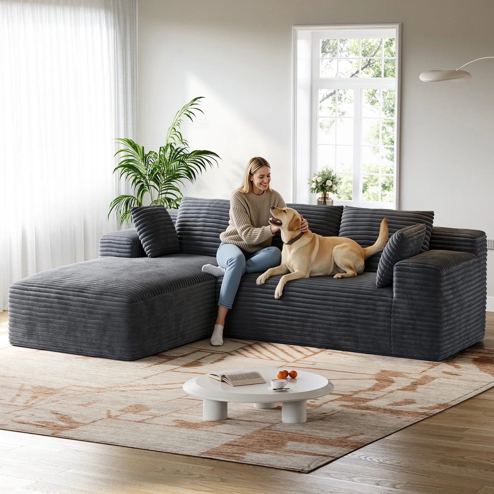 LH01 106 Inch Corduroy Cloud Oversized Sofa (L-Shaped)
