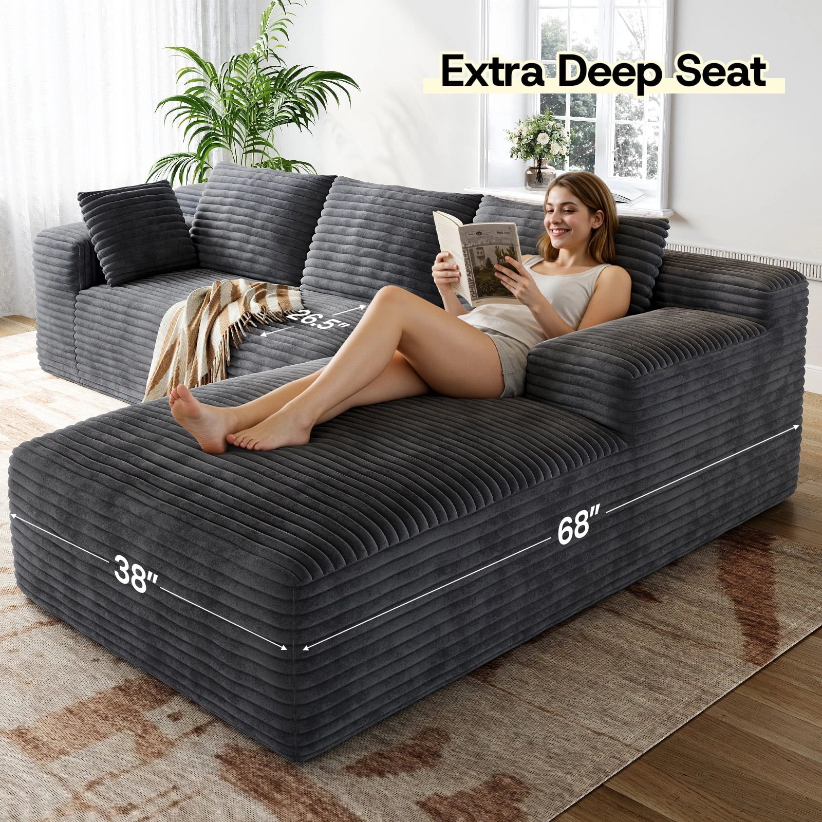 LH01 106 Inch Corduroy Cloud Oversized Sofa (L-Shaped)