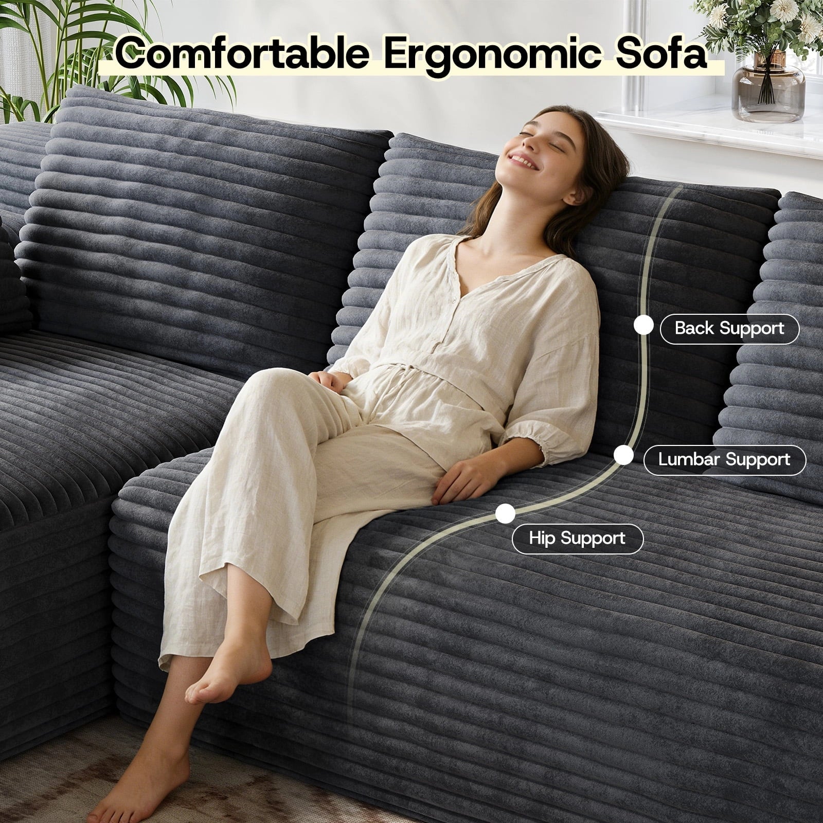 LH01 106 Inch Corduroy Cloud Oversized Sofa (L-Shaped)