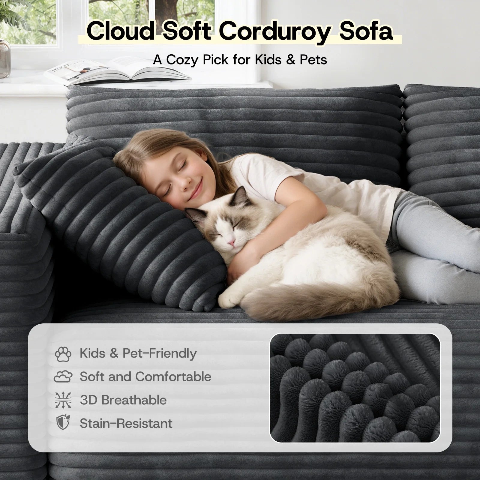 LH01 106 Inch Corduroy Cloud Oversized Sofa (L-Shaped)
