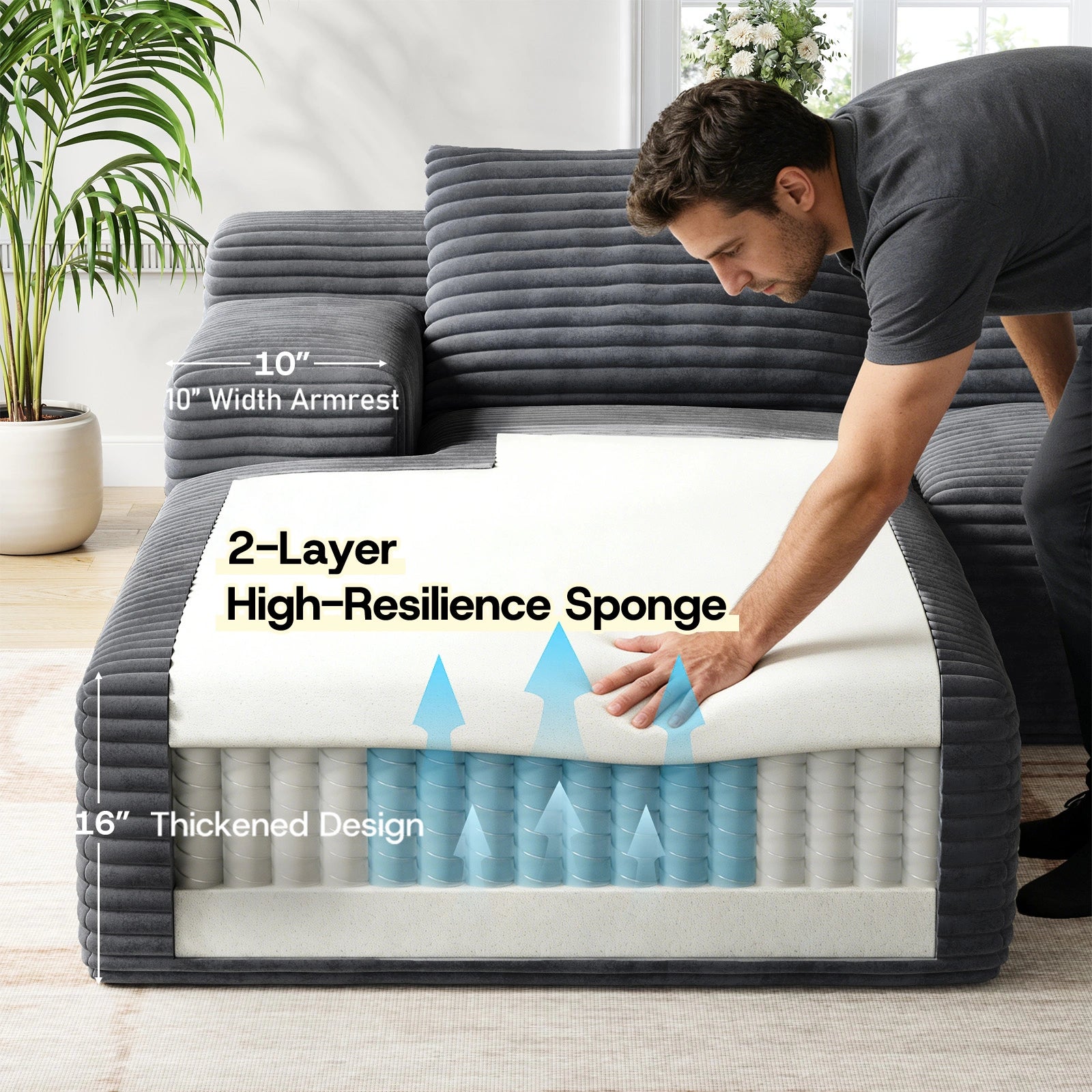 LH01 106 Inch Corduroy Cloud Oversized Sofa (L-Shaped)