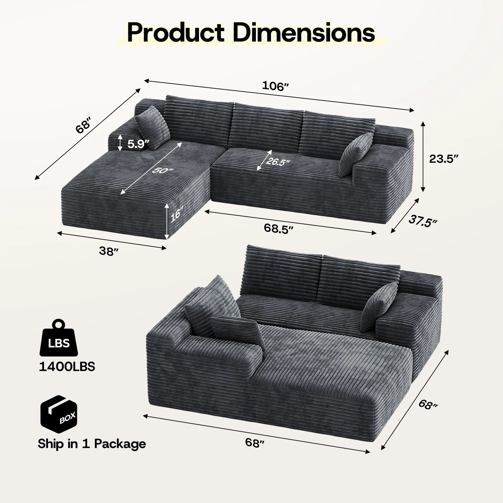 LH01 106 Inch Corduroy Cloud Oversized Sofa (L-Shaped)