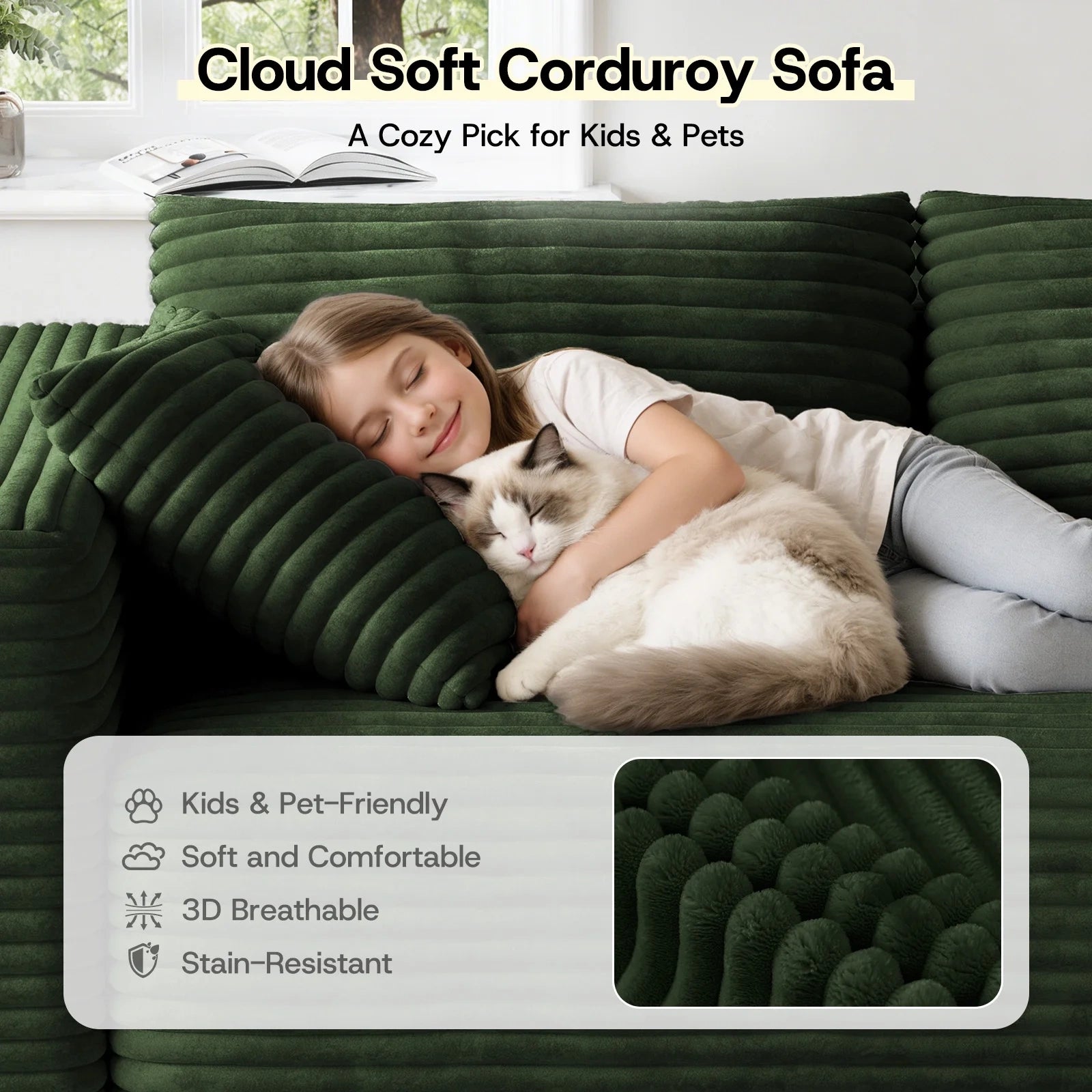 LH01 106 Inch Corduroy Cloud Oversized Sofa (L-Shaped)
