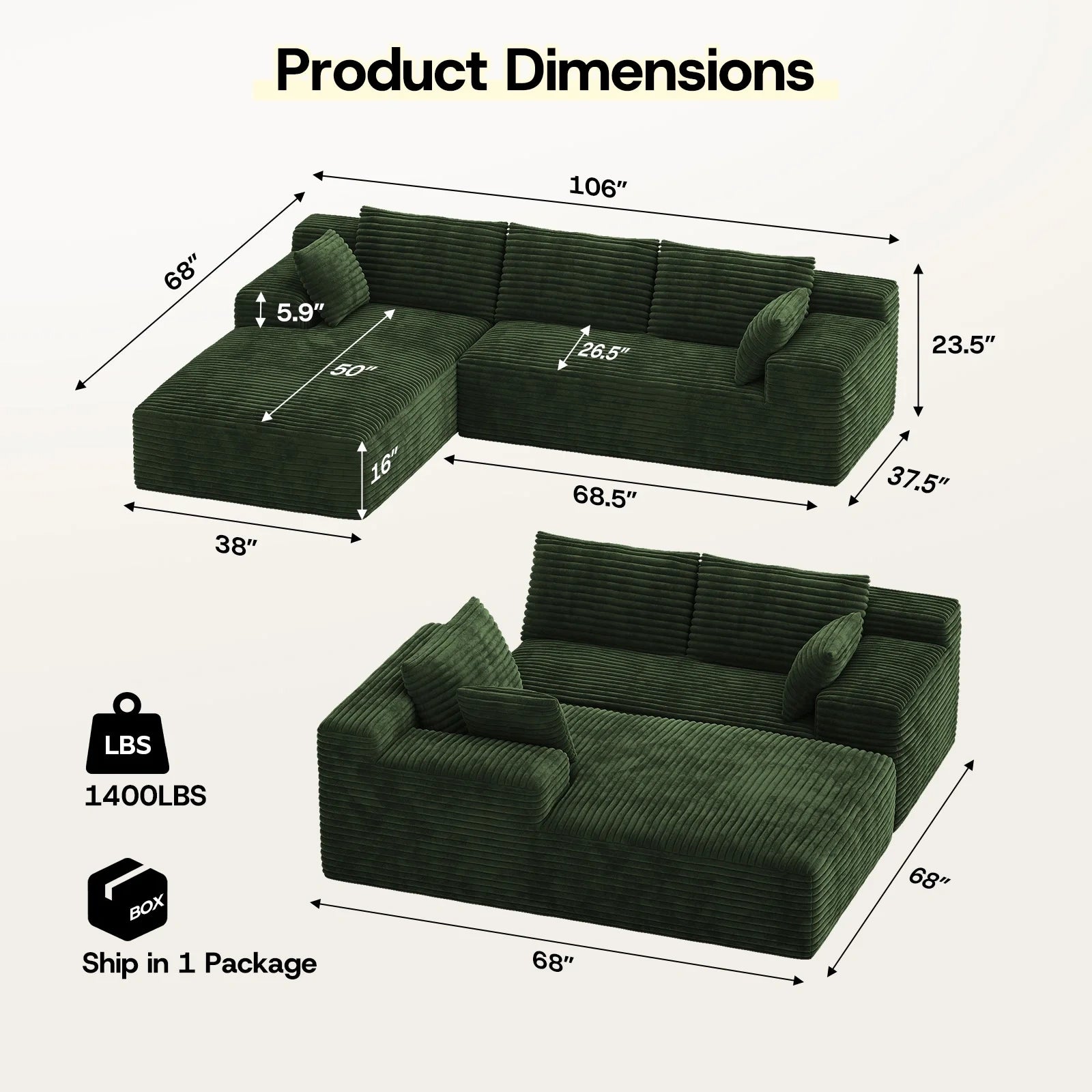 LH01 106 Inch Corduroy Cloud Oversized Sofa (L-Shaped)