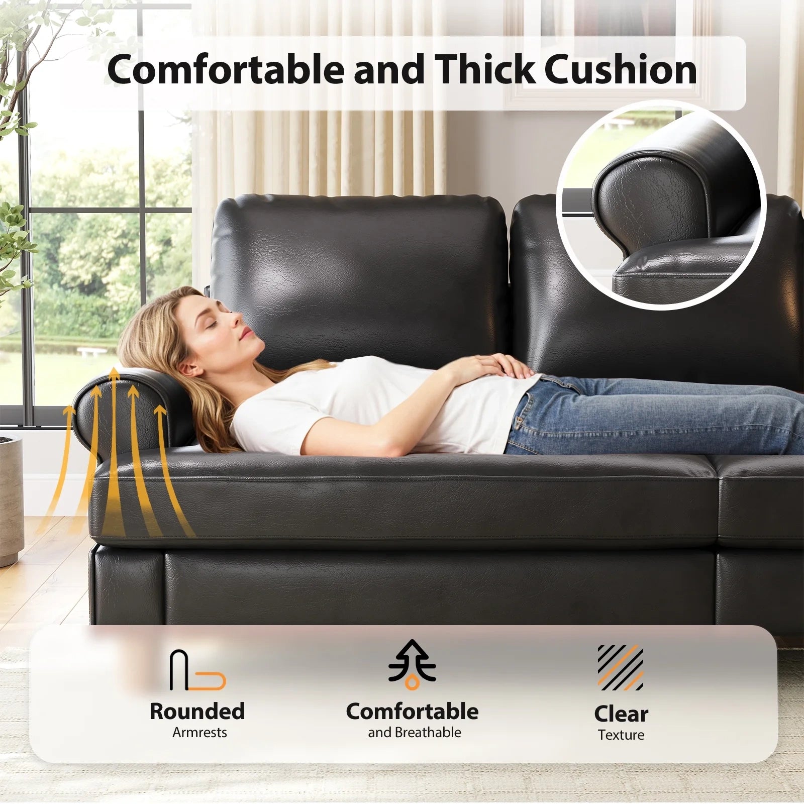 87 Inch Premium PU Leather Sofa with 2 Pillows