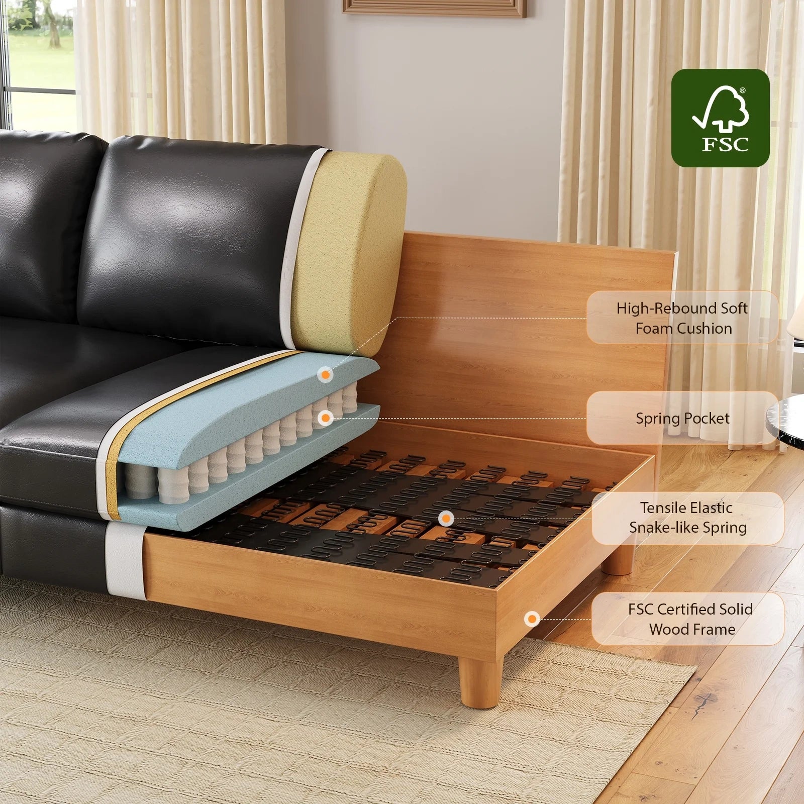 87 Inch Premium PU Leather Sofa with 2 Pillows