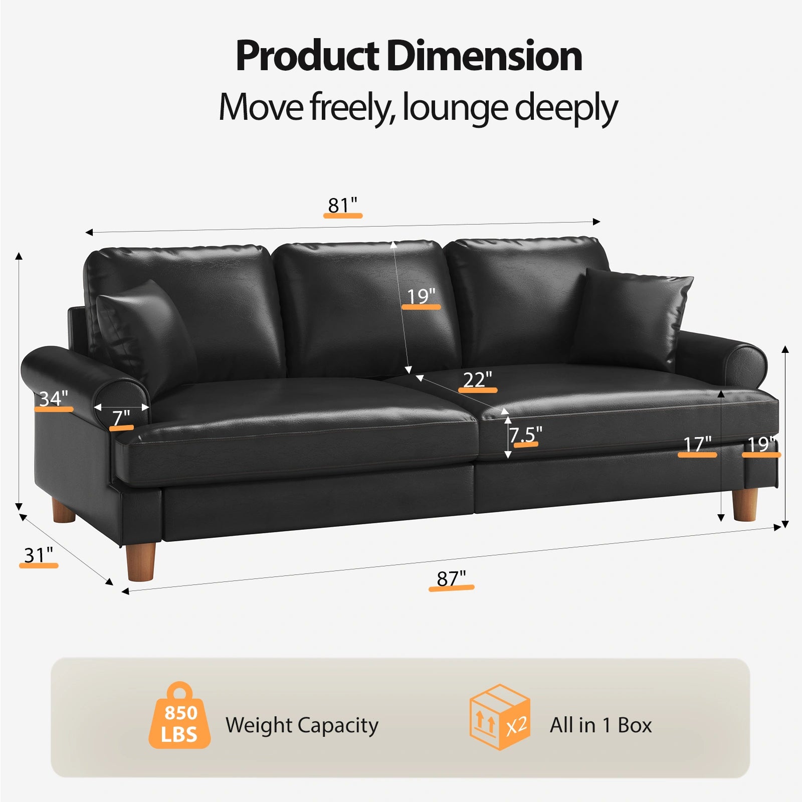 87 Inch Premium PU Leather Sofa with 2 Pillows