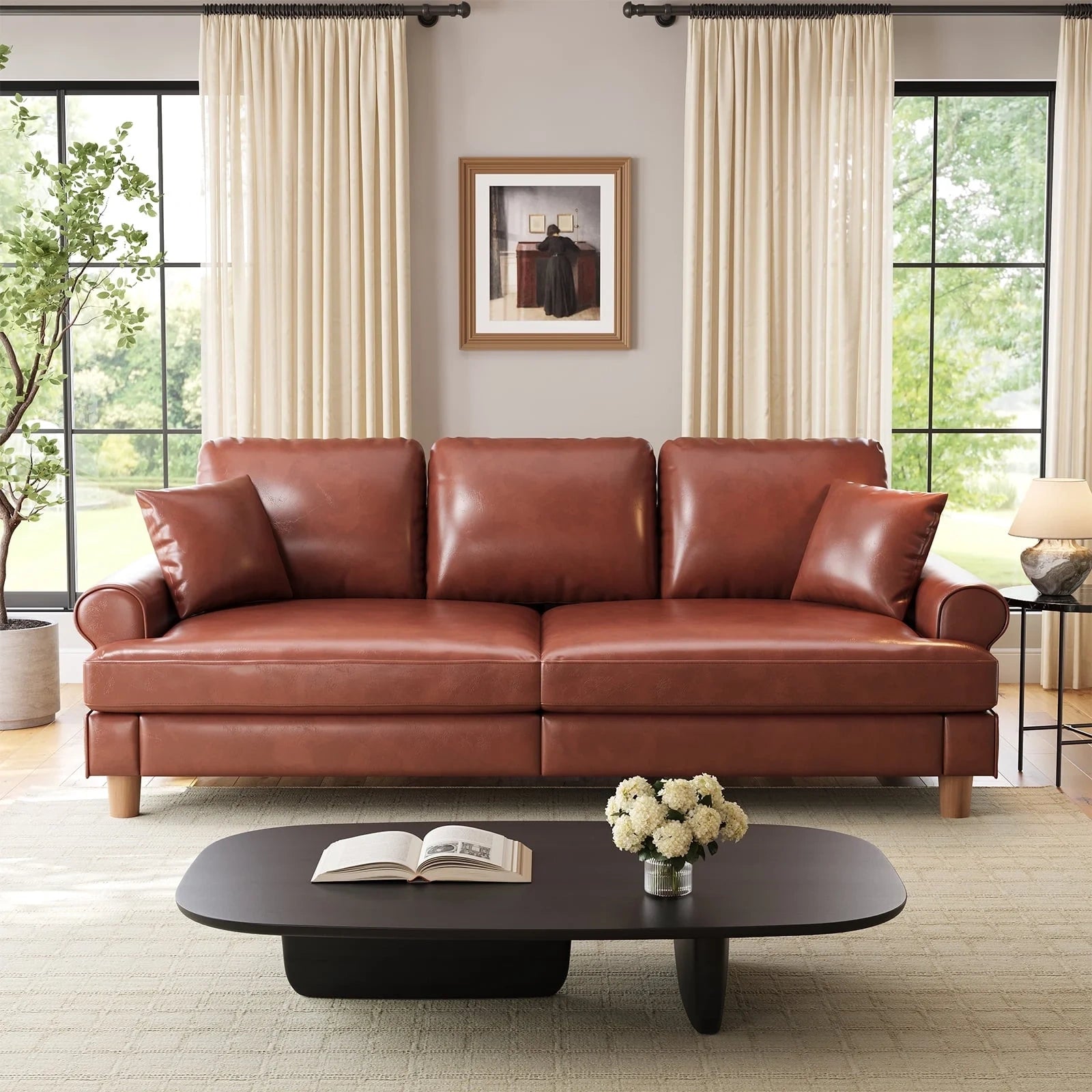 87 Inch Premium PU Leather Sofa with 2 Pillows