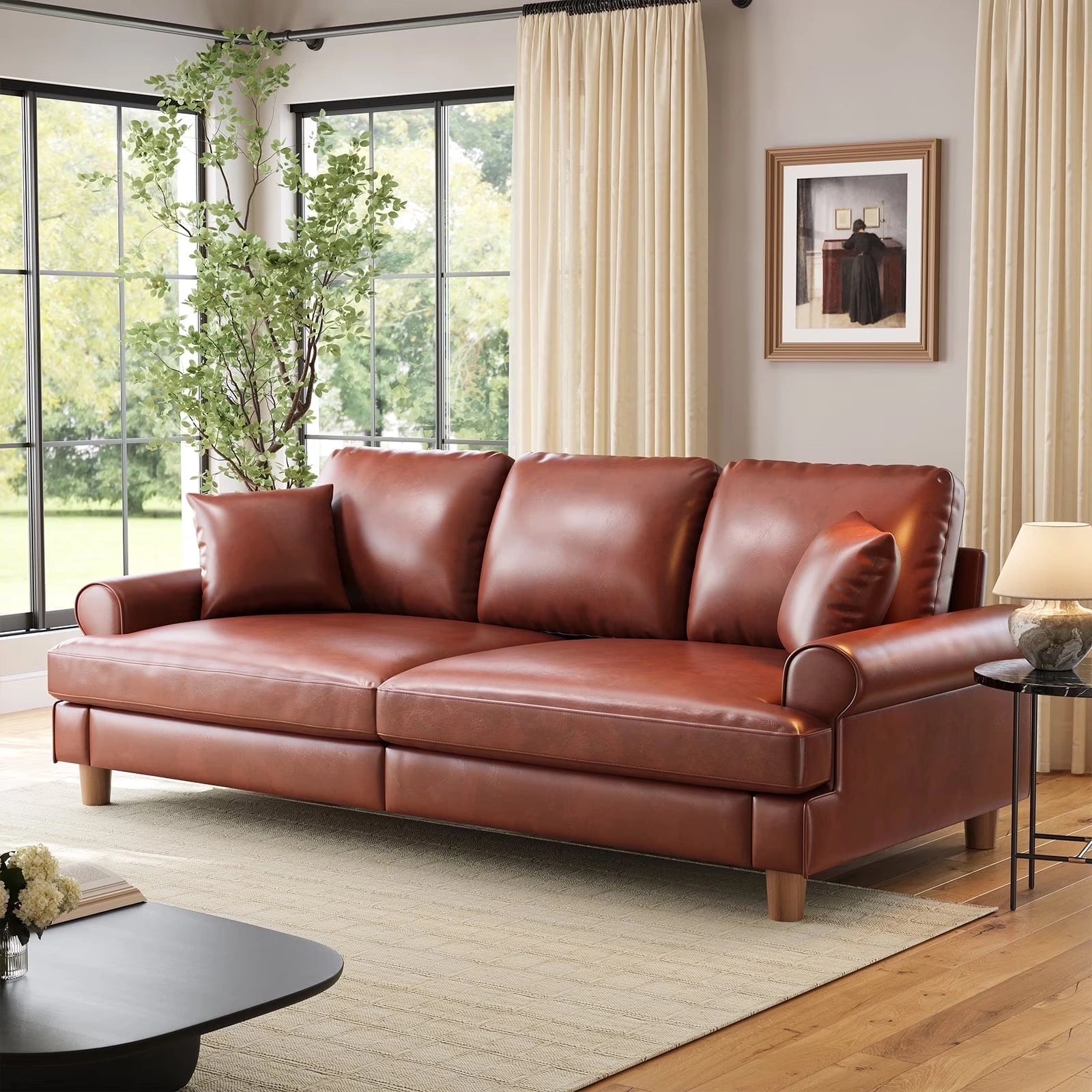 87 Inch Premium PU Leather Sofa with 2 Pillows