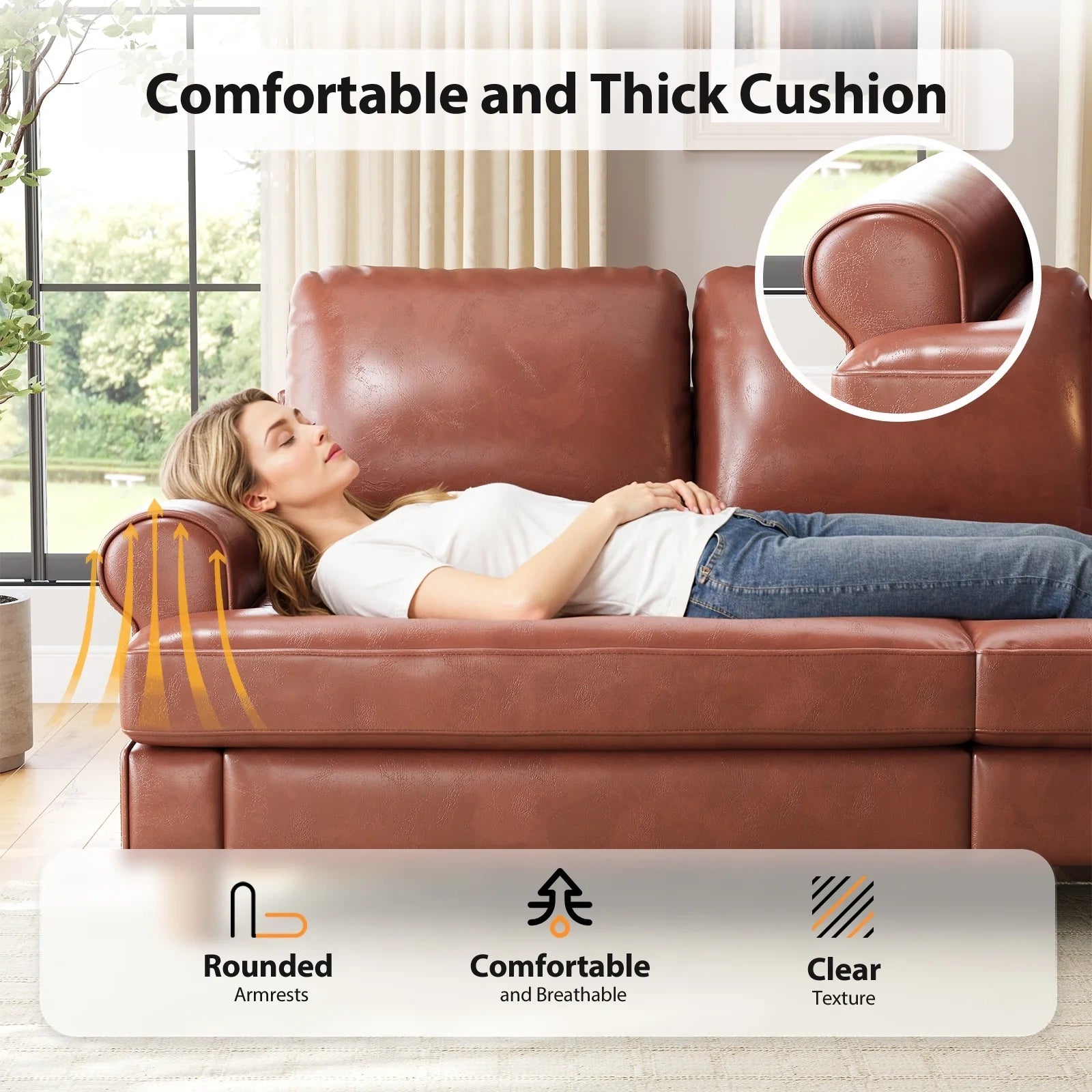 87 Inch Premium PU Leather Sofa with 2 Pillows