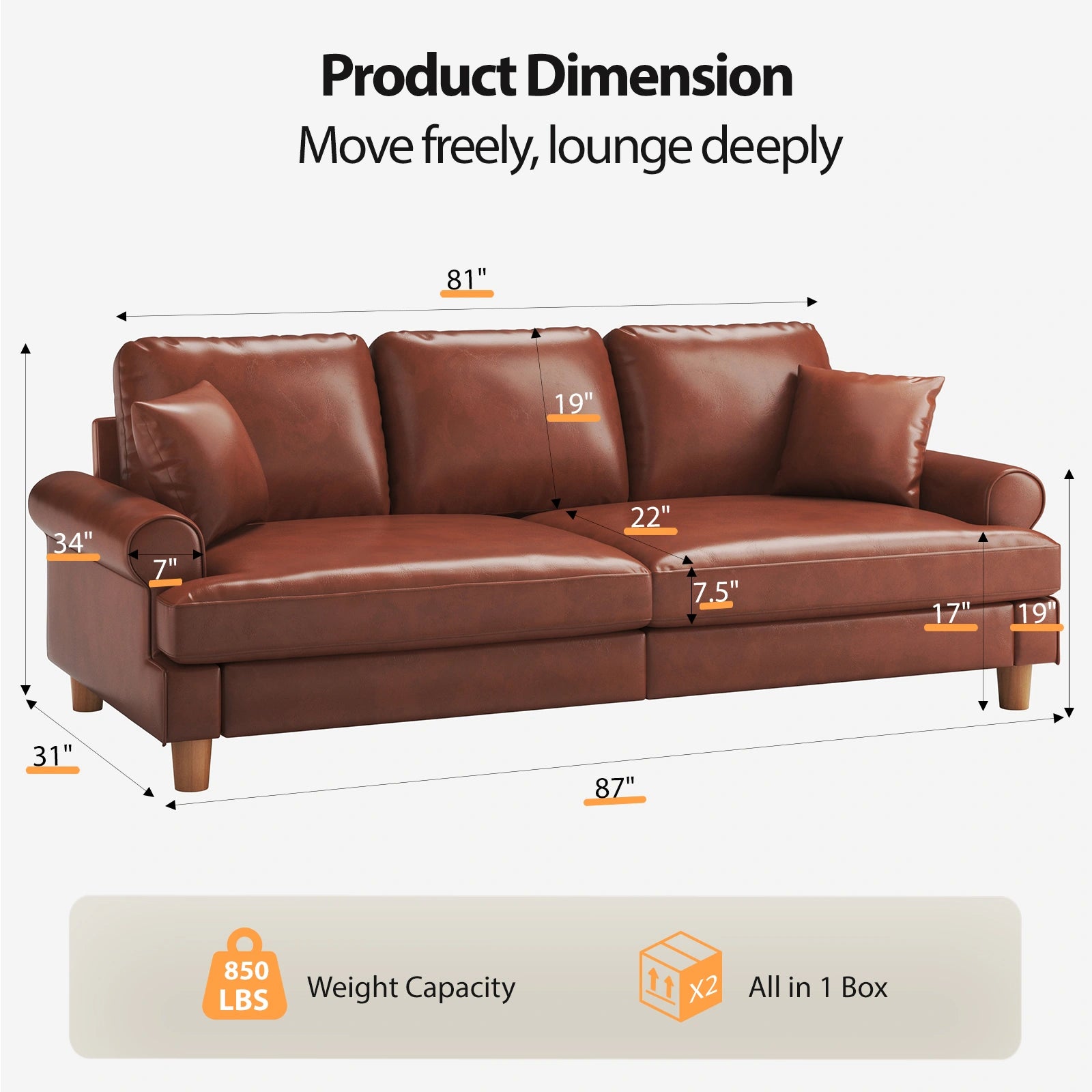 87 Inch Premium PU Leather Sofa with 2 Pillows
