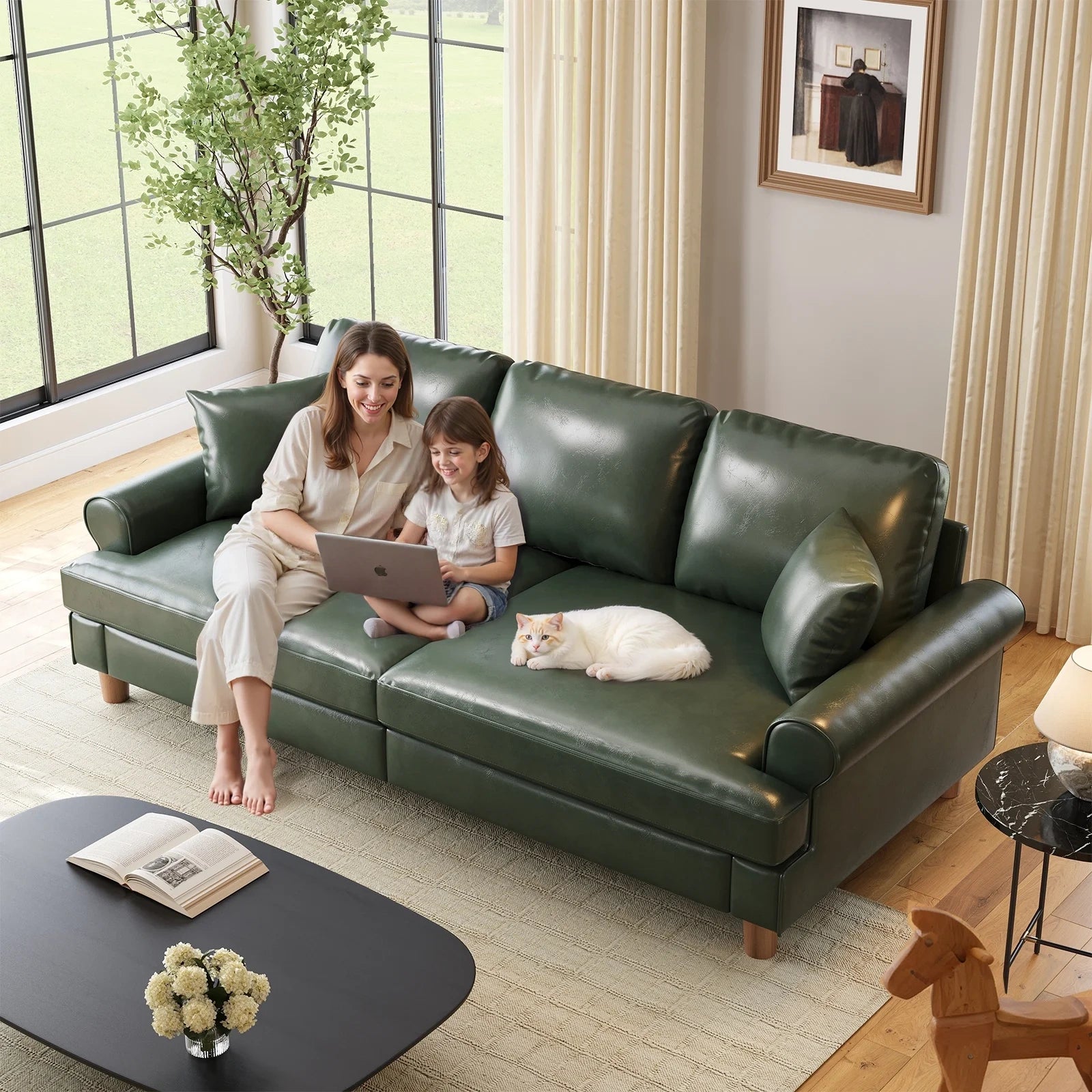 87 Inch Premium PU Leather Sofa with 2 Pillows