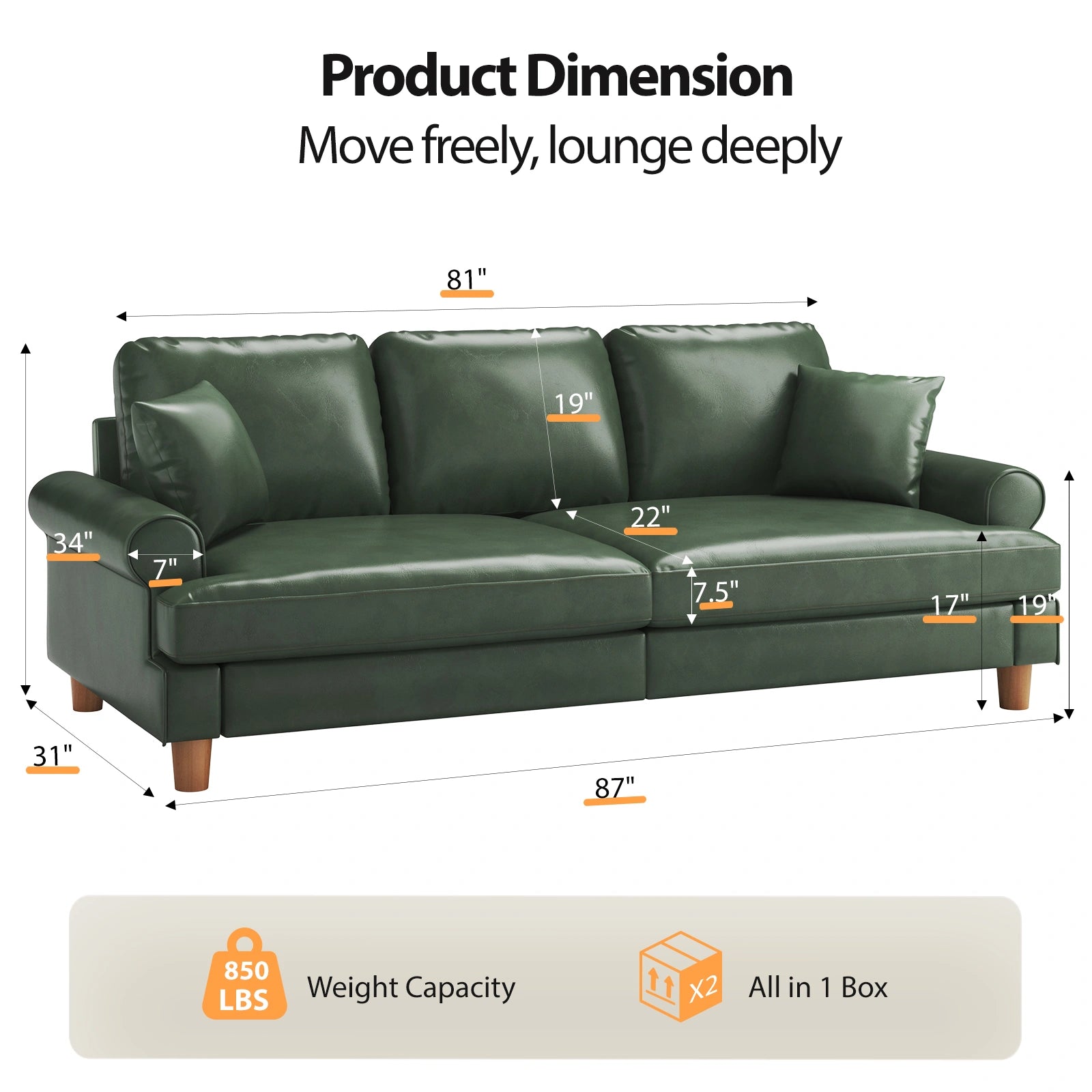 87 Inch Premium PU Leather Sofa with 2 Pillows