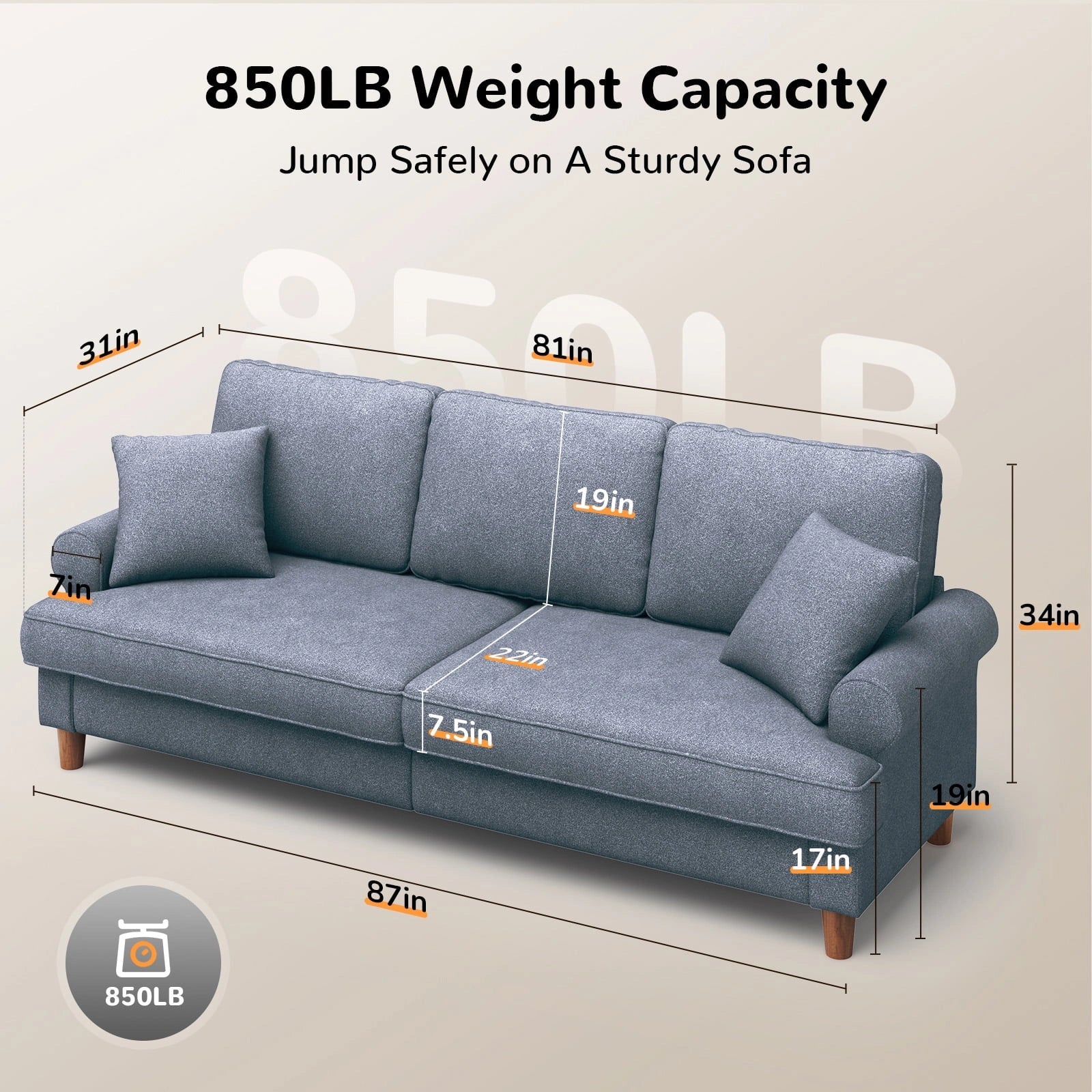 87 Inch Extra Deep Seat 3 Seater Couch