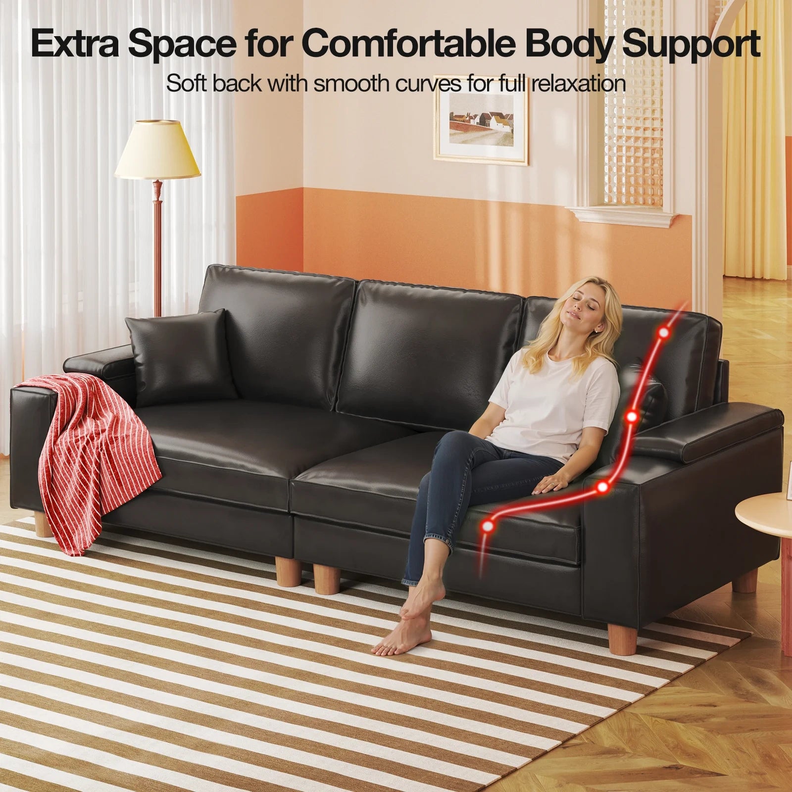 101 Inch Large PU Leather Extra Deep Seat Sofa