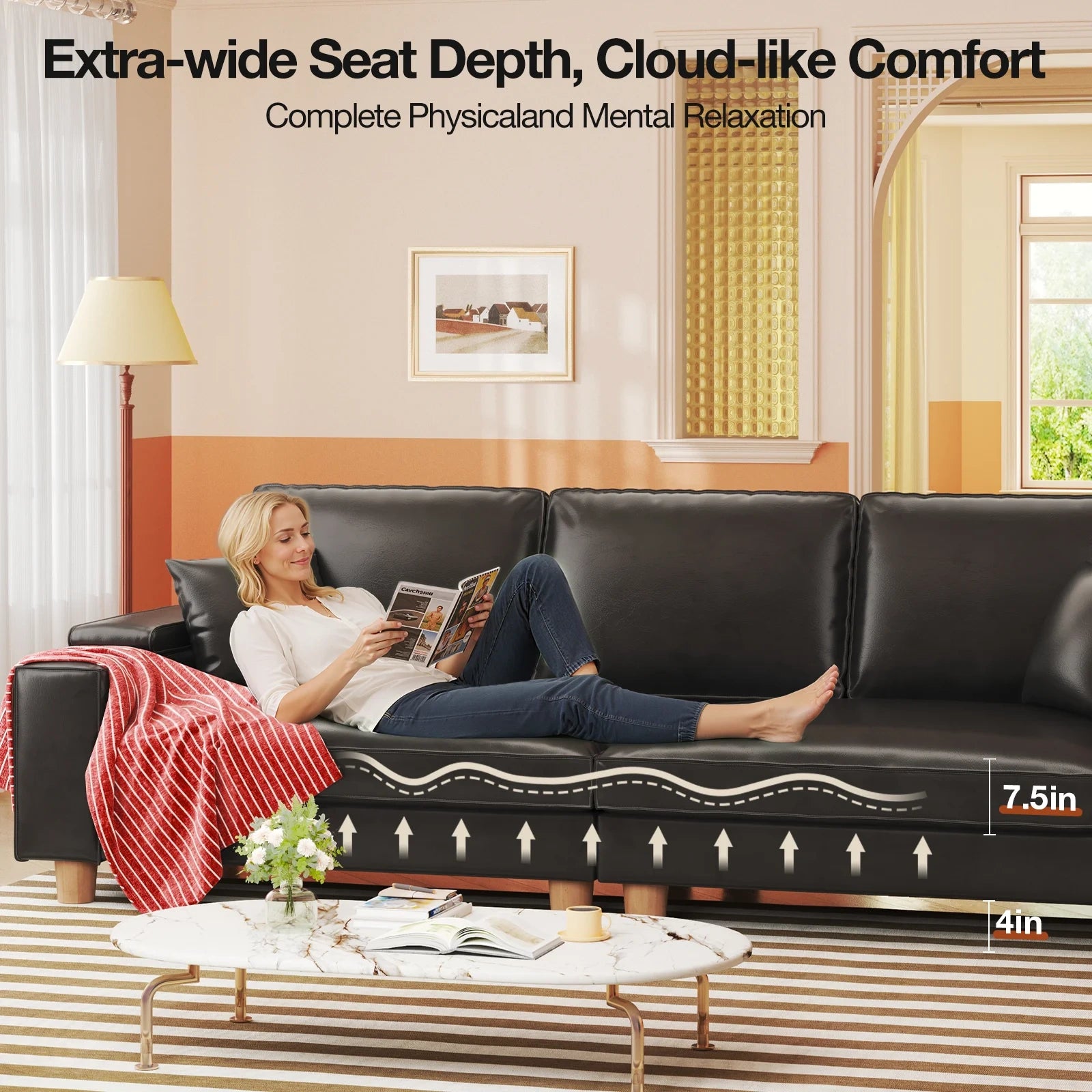 101 Inch Large PU Leather Extra Deep Seat Sofa
