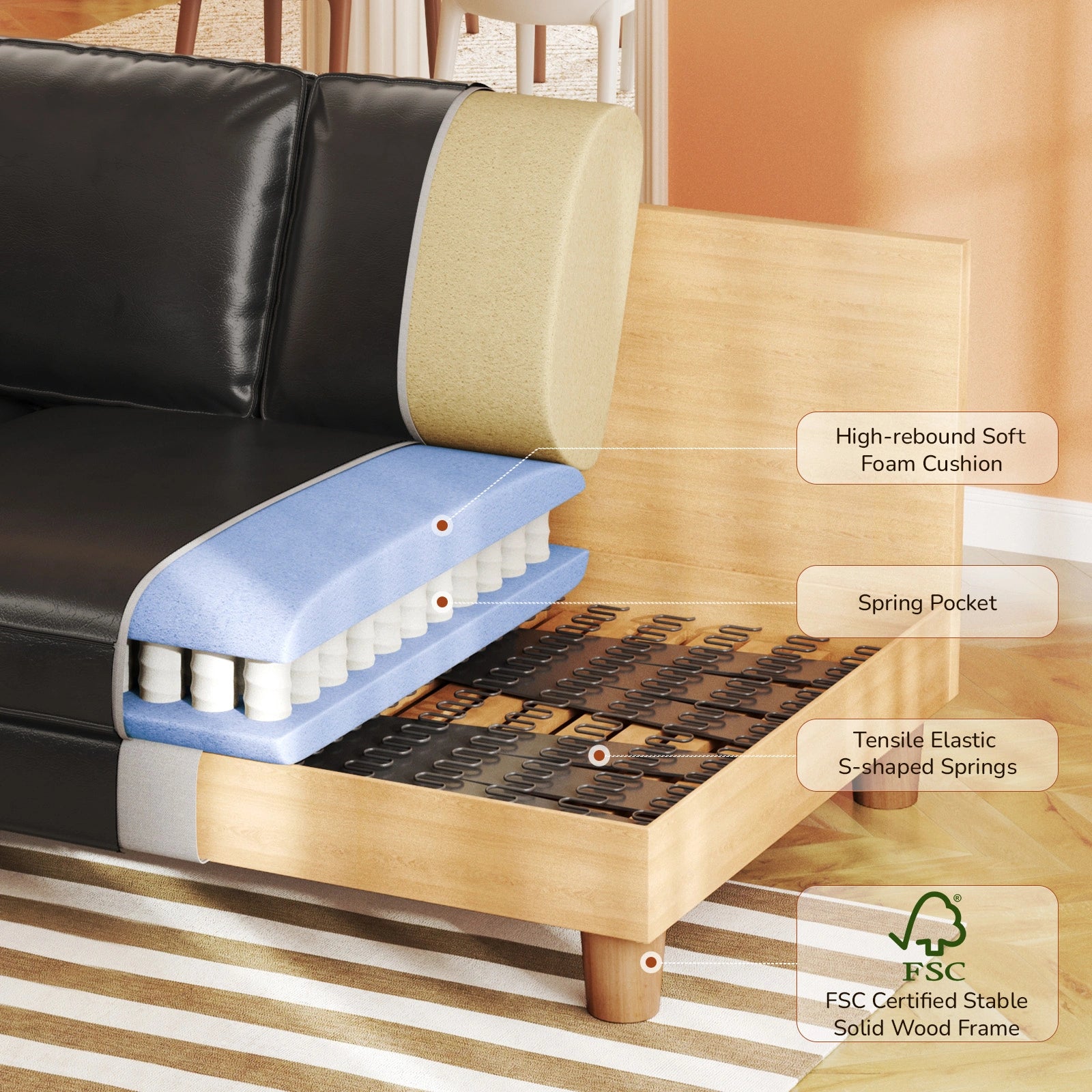 101 Inch Large PU Leather Extra Deep Seat Sofa