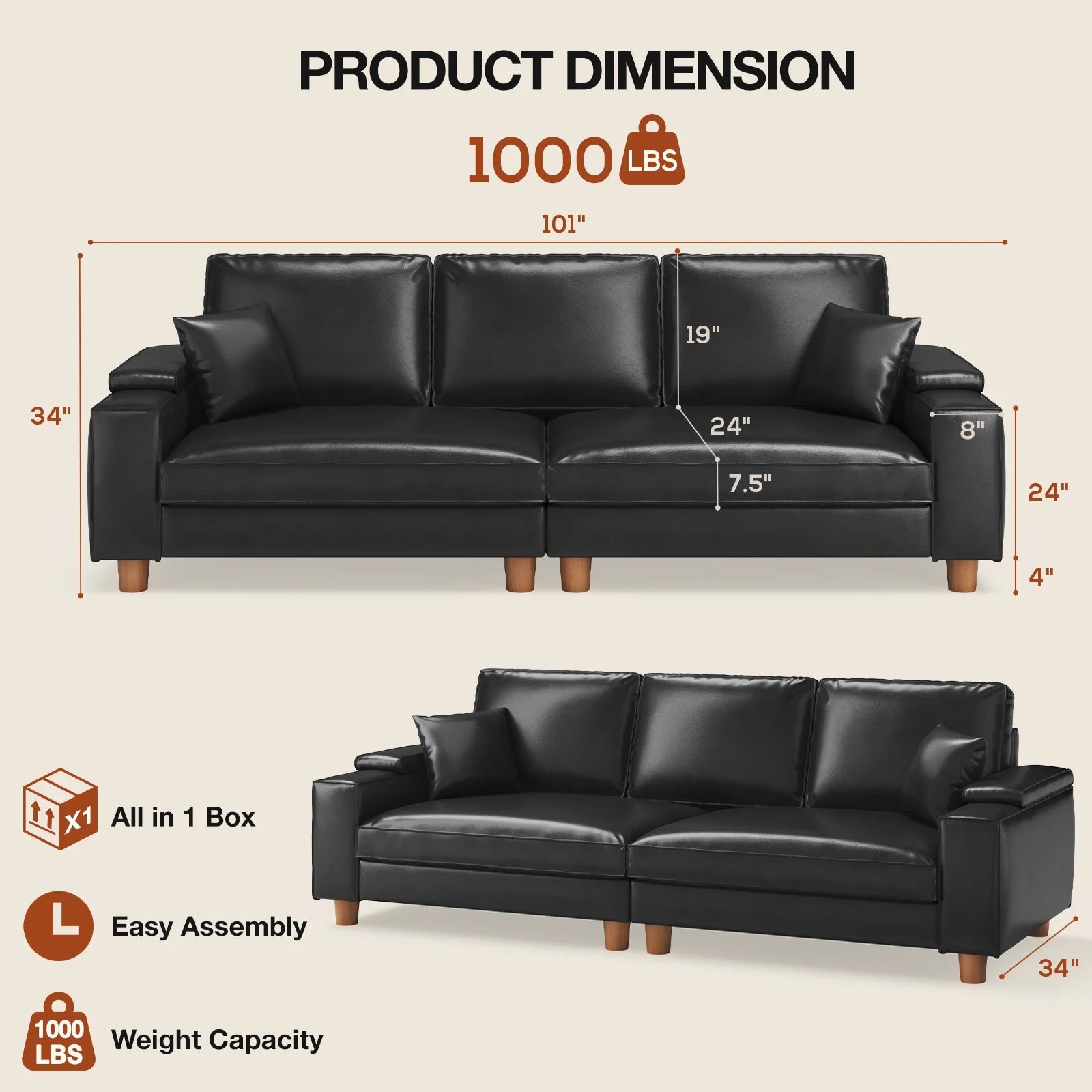 101 Inch Large PU Leather Extra Deep Seat Sofa