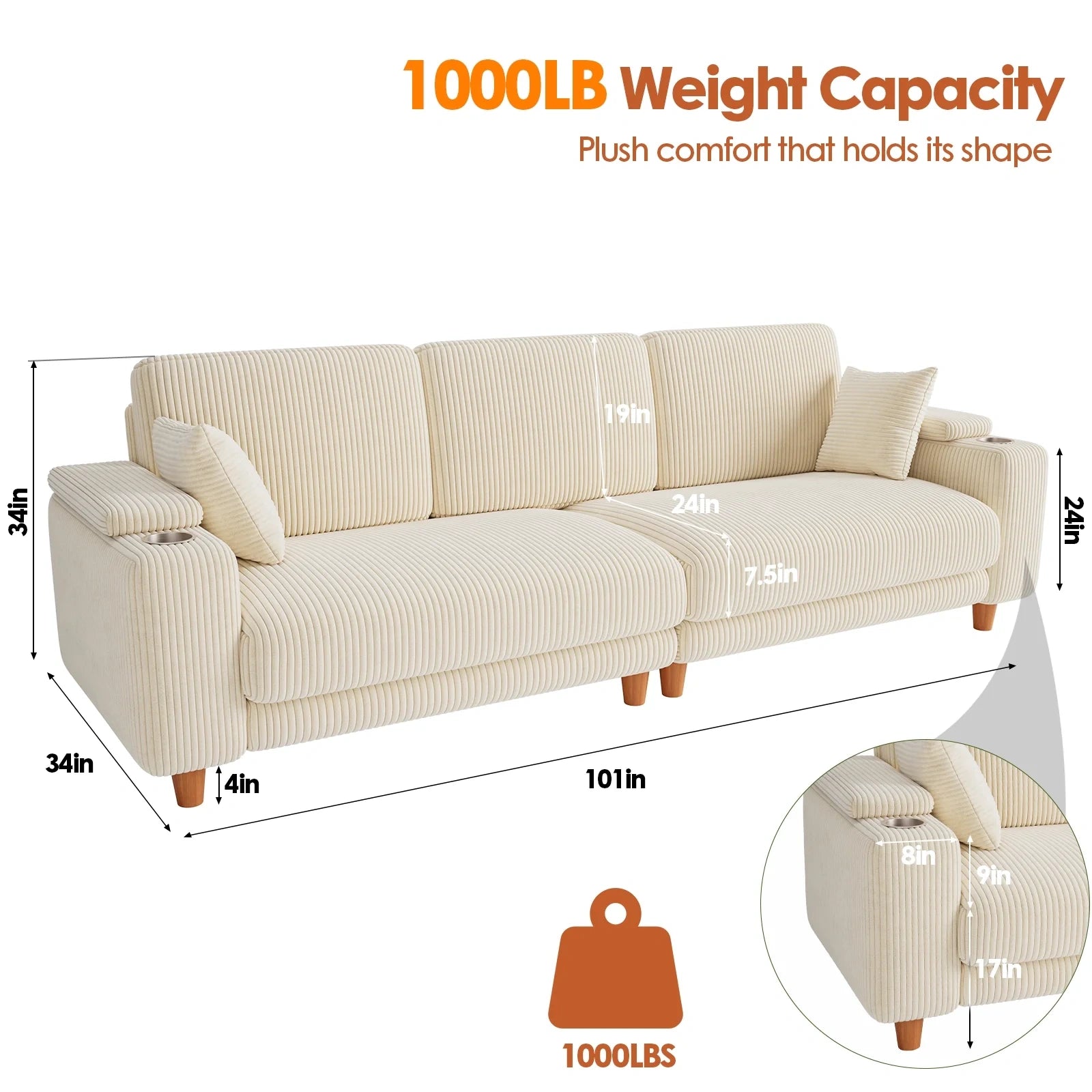 101 Inch Oversized Corduroy Sofa with Storage