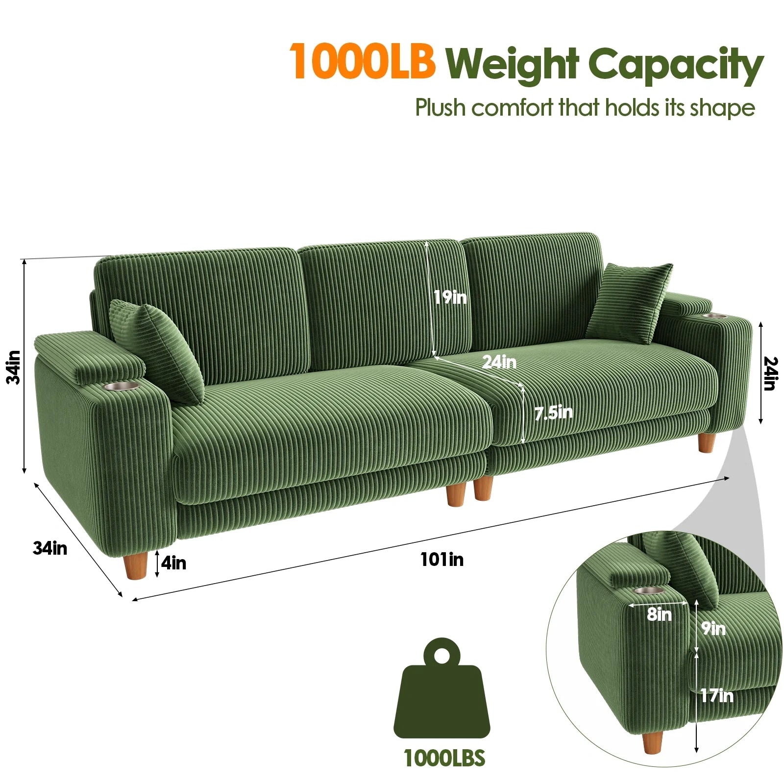 101 Inch Oversized Corduroy Sofa with Storage