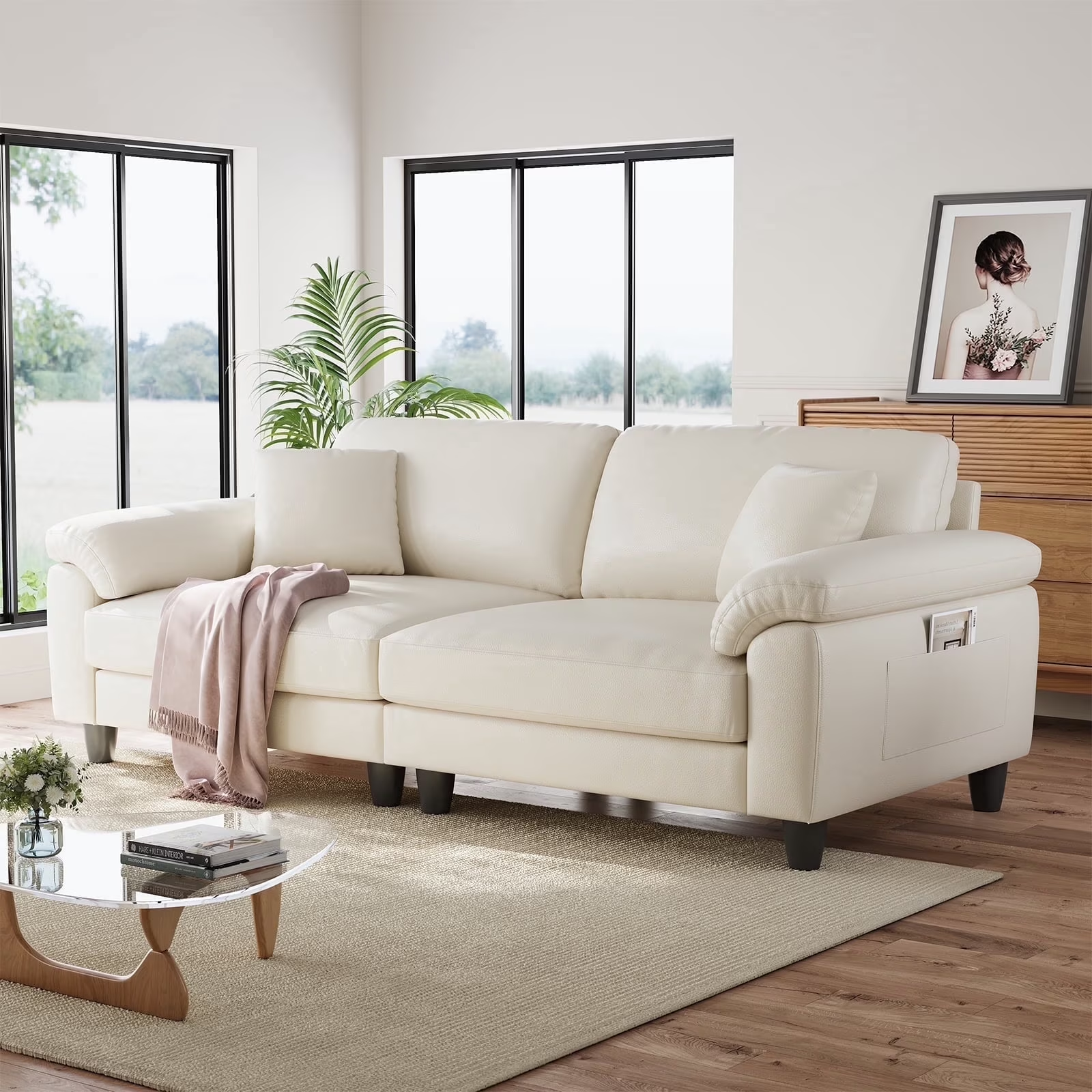 83 Inch Premium PU Leather Sofa with 2 Pillows