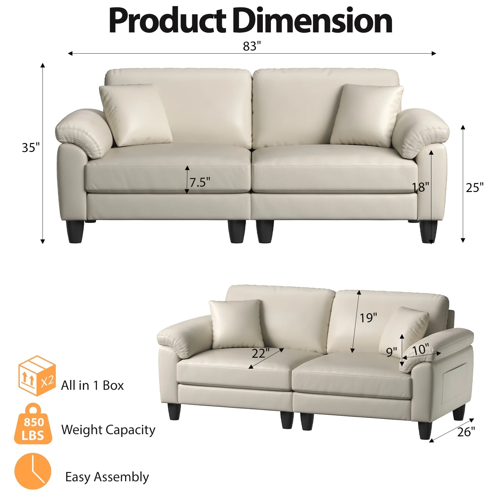 83 Inch Premium PU Leather Sofa with 2 Pillows