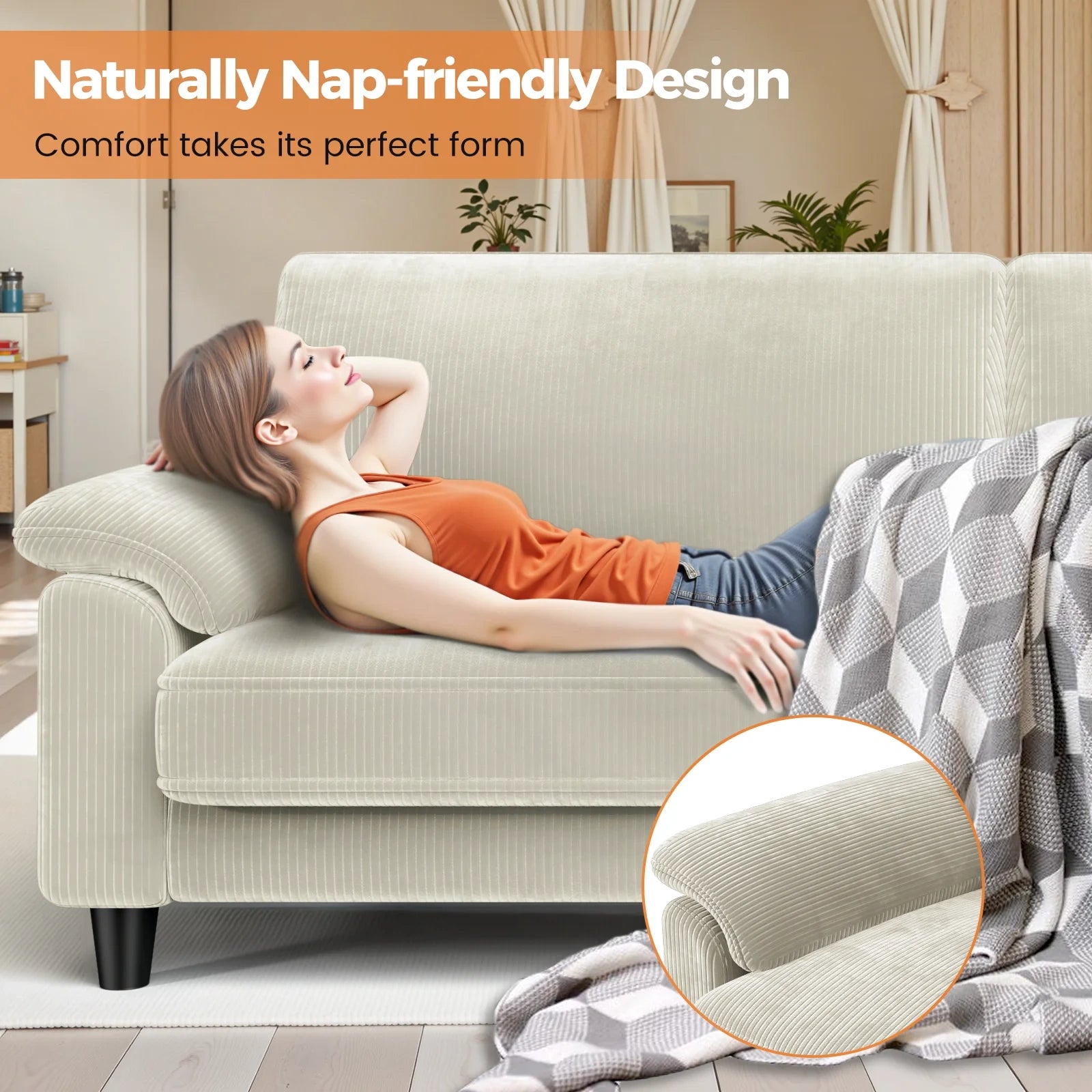 LM03 83 Inch Corduroy Sofa with Extra Deep Seat and 2 Pillows