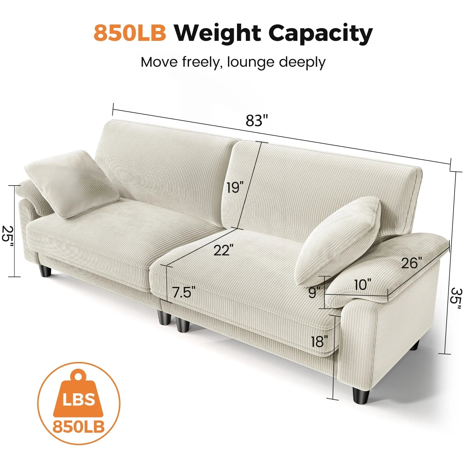 LM03 83 Inch Corduroy Sofa with Extra Deep Seat and 2 Pillows