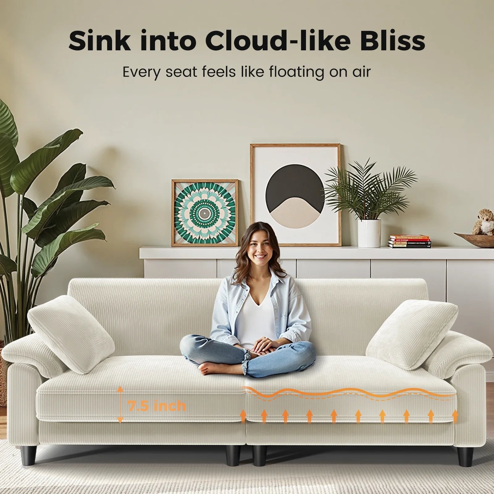 LM03 83 Inch Corduroy Sofa with Extra Deep Seat and 2 Pillows