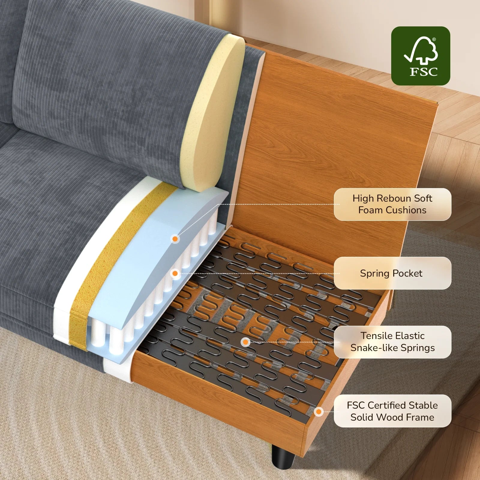 LM03 83 Inch Corduroy Sofa with Extra Deep Seat and 2 Pillows