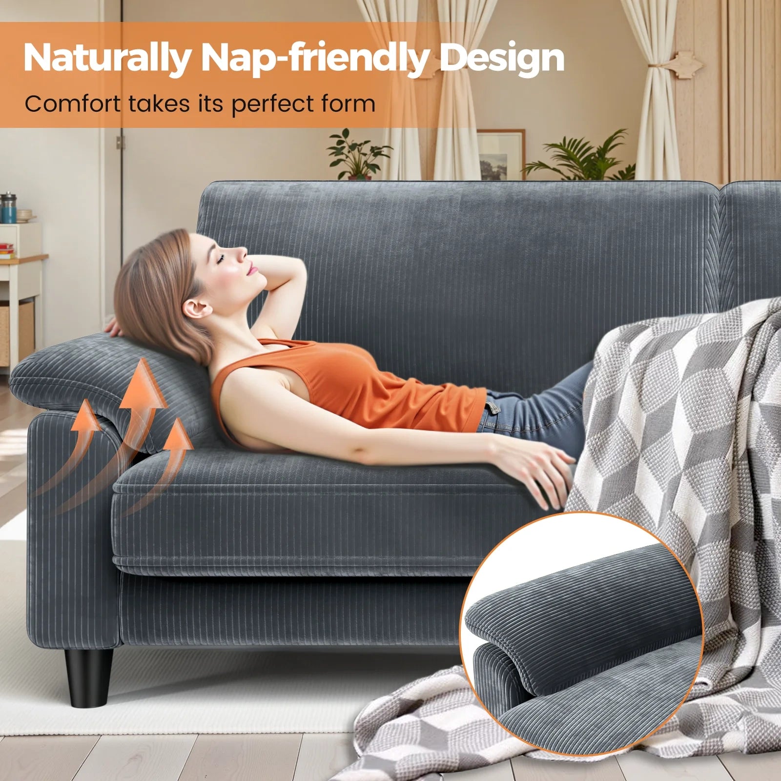 LM03 83 Inch Corduroy Sofa with Extra Deep Seat and 2 Pillows