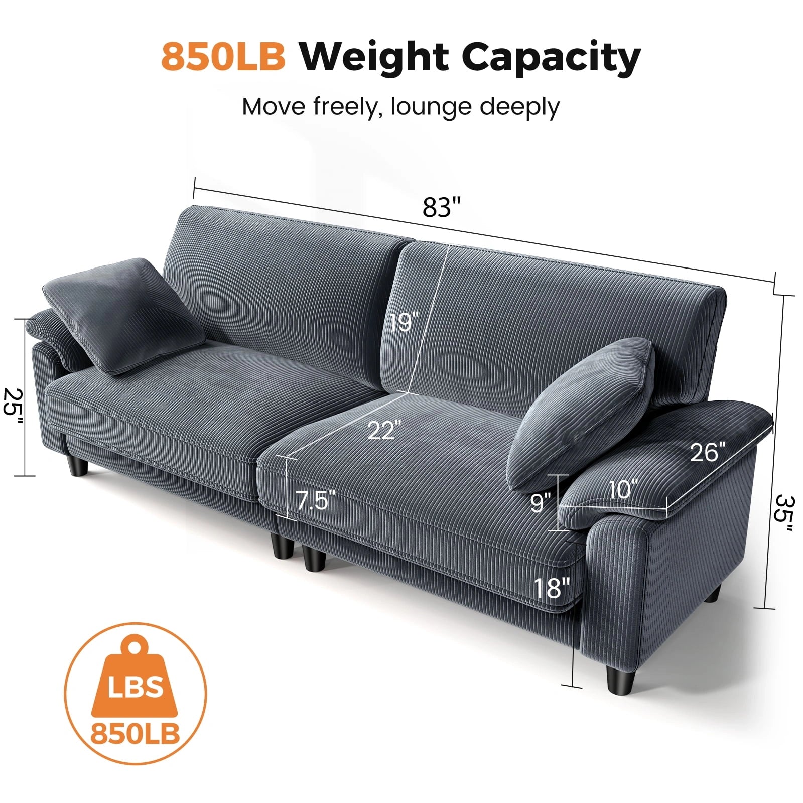 LM03 83 Inch Corduroy Sofa with Extra Deep Seat and 2 Pillows