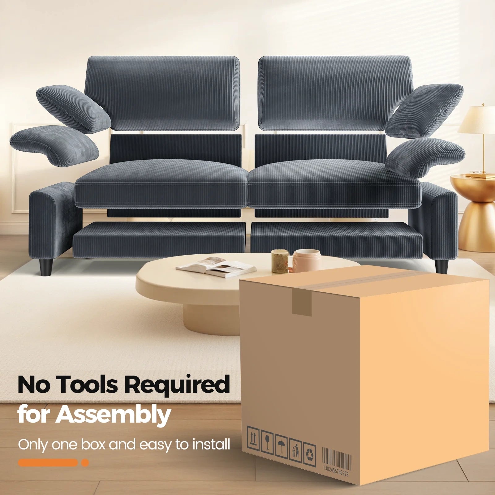 LM03 83 Inch Corduroy Sofa with Extra Deep Seat and 2 Pillows