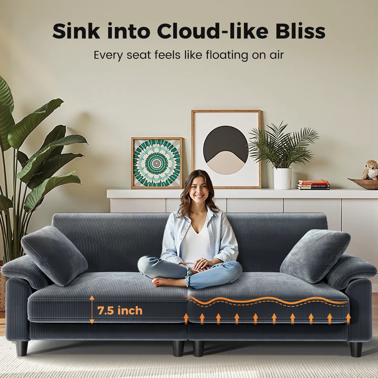 LM03 83 Inch Corduroy Sofa with Extra Deep Seat and 2 Pillows